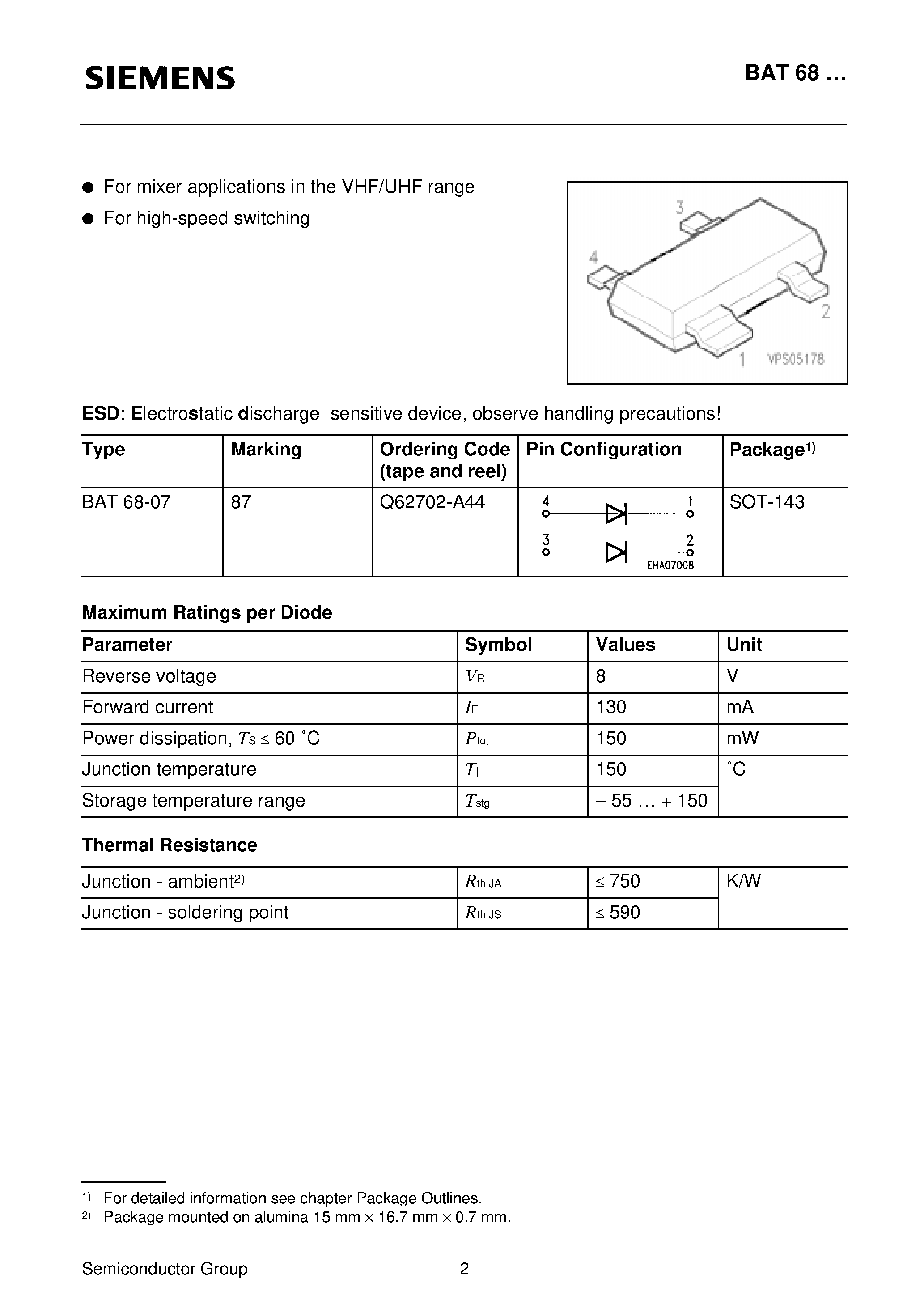 Datasheet BAT68-05 page 2 Datasheet BAT68-05 - Silicon Schottky Diodes (For mixer applications in the VHF/UHF range For high-speed switching) page 2