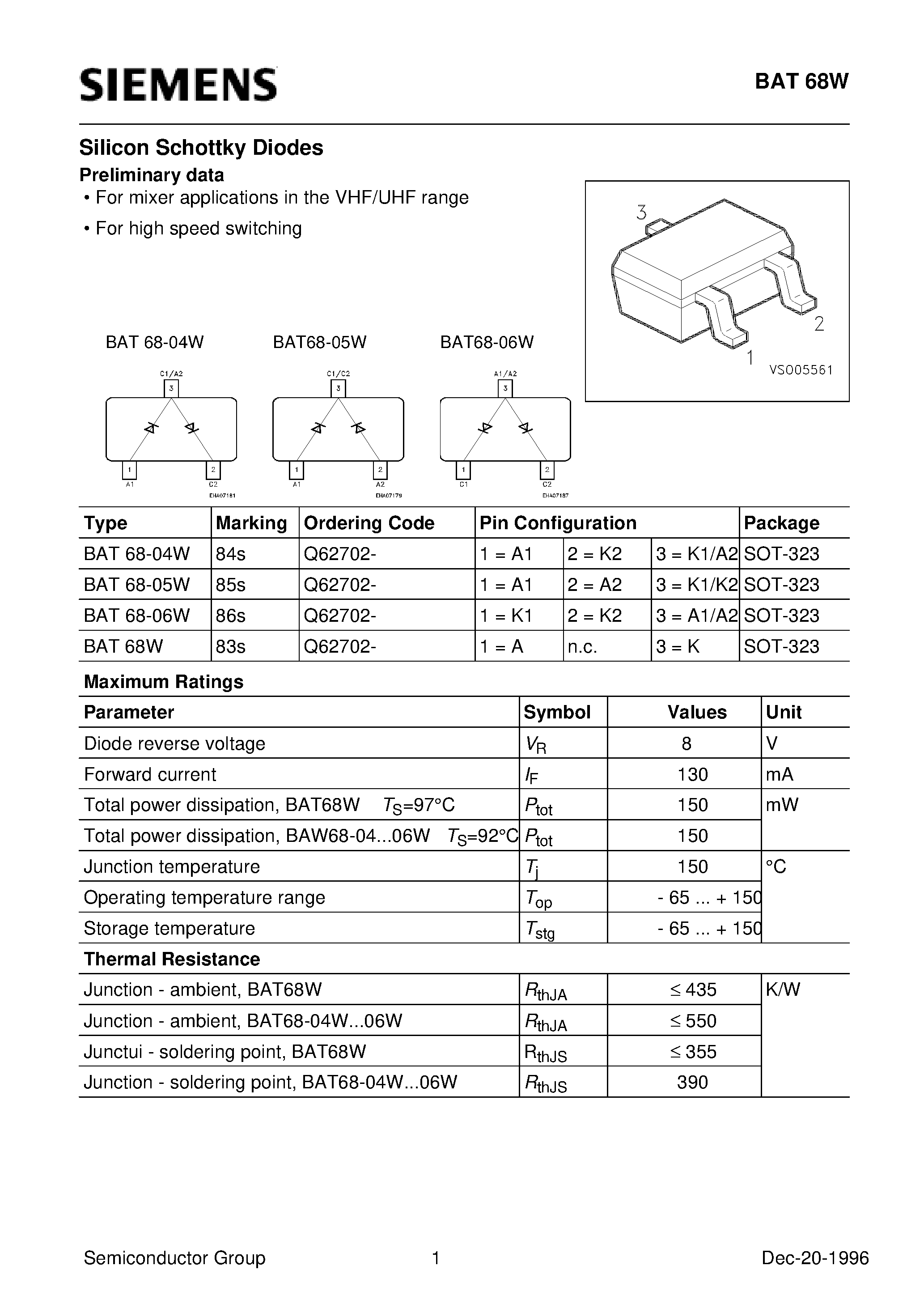 Datasheet BAT68-05W - Silicon Schottky Diodes (For mixer applications in the VHF/UHF range For high speed switching) page 1