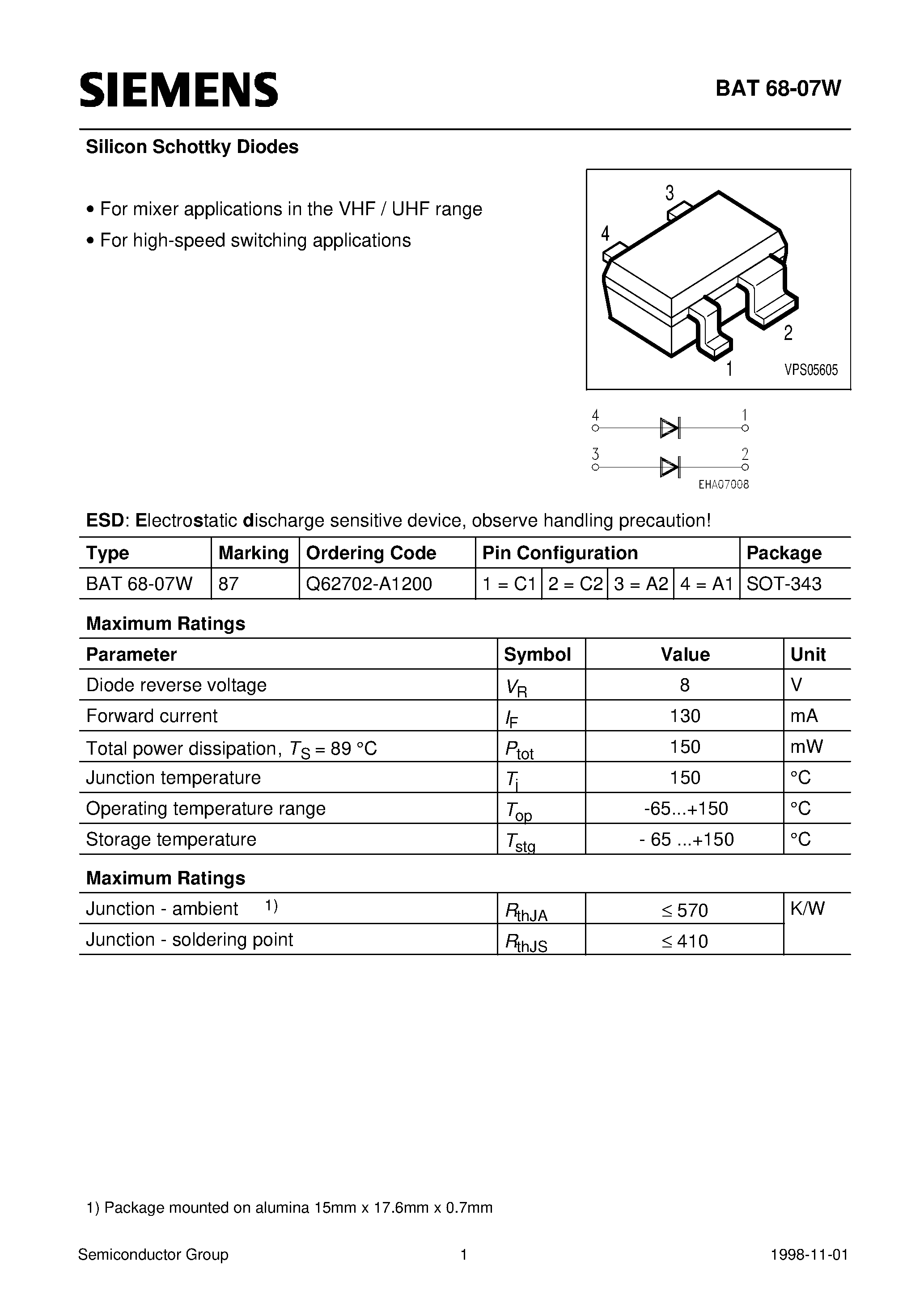 Datasheet BAT68-07W page 1 Datasheet BAT68-07W - Silicon Schottky Diodes (For mixer applications in the VHF / UHF range For high-speed switching applications) page 1