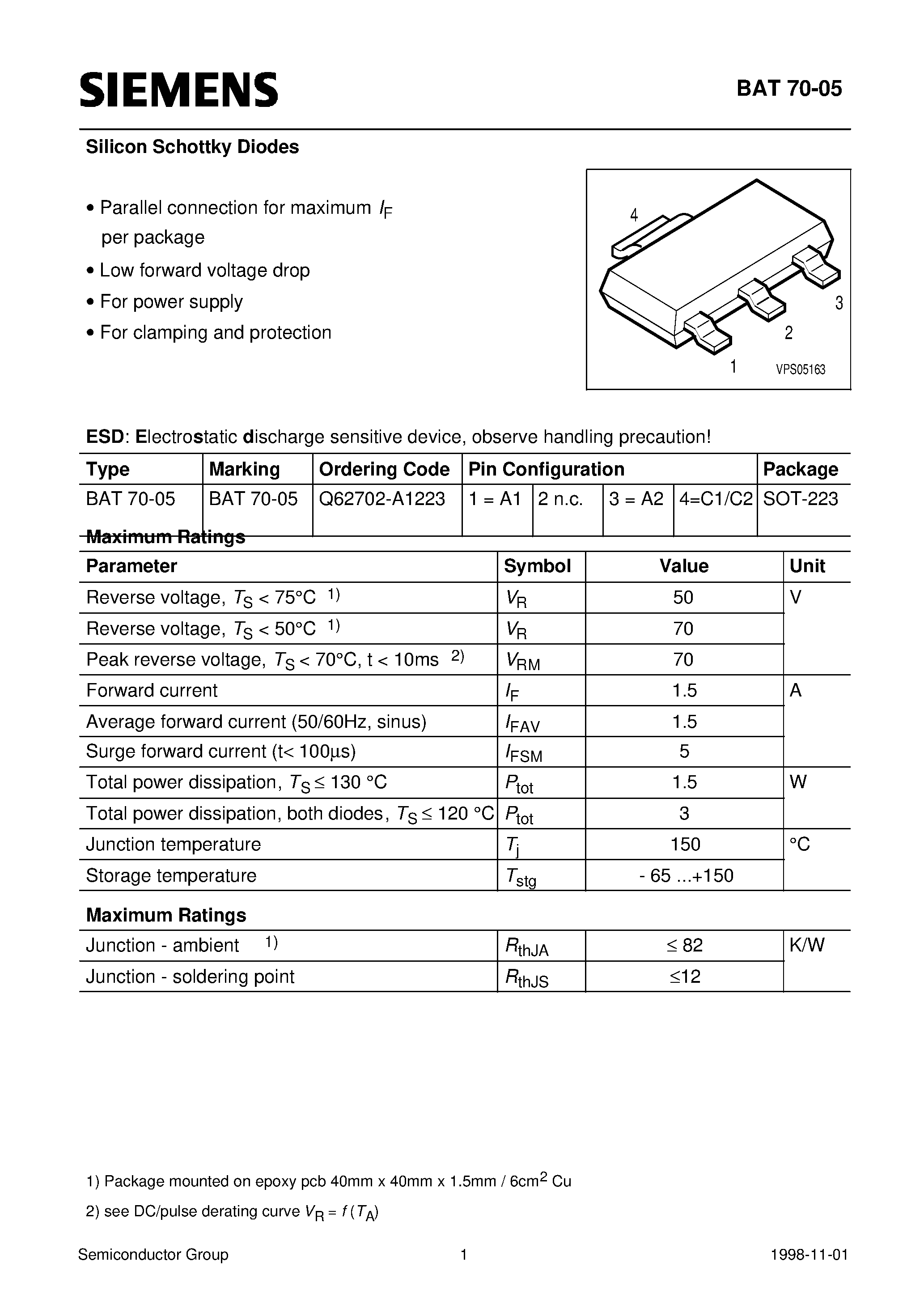 Datasheet BAT70-05 - Silicon Schottky Diodes (Parallel connection for maximum IF per package Low forward voltage drop For power supply) page 1