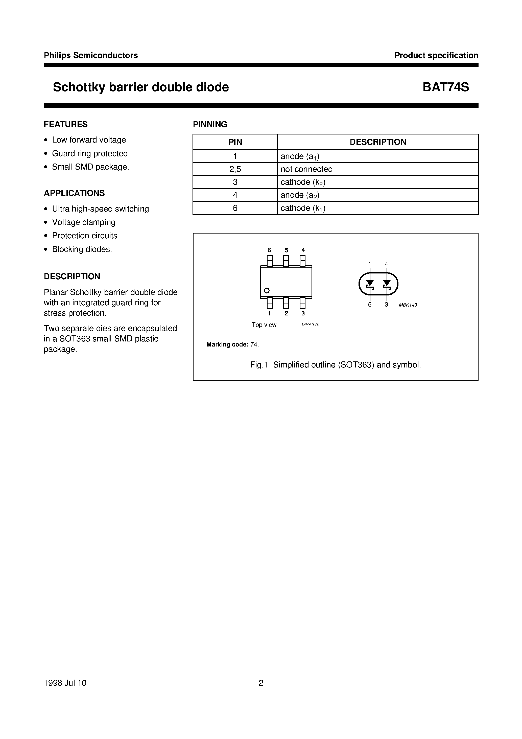 Datasheet BAT74S - Schottky barrier double diode page 2