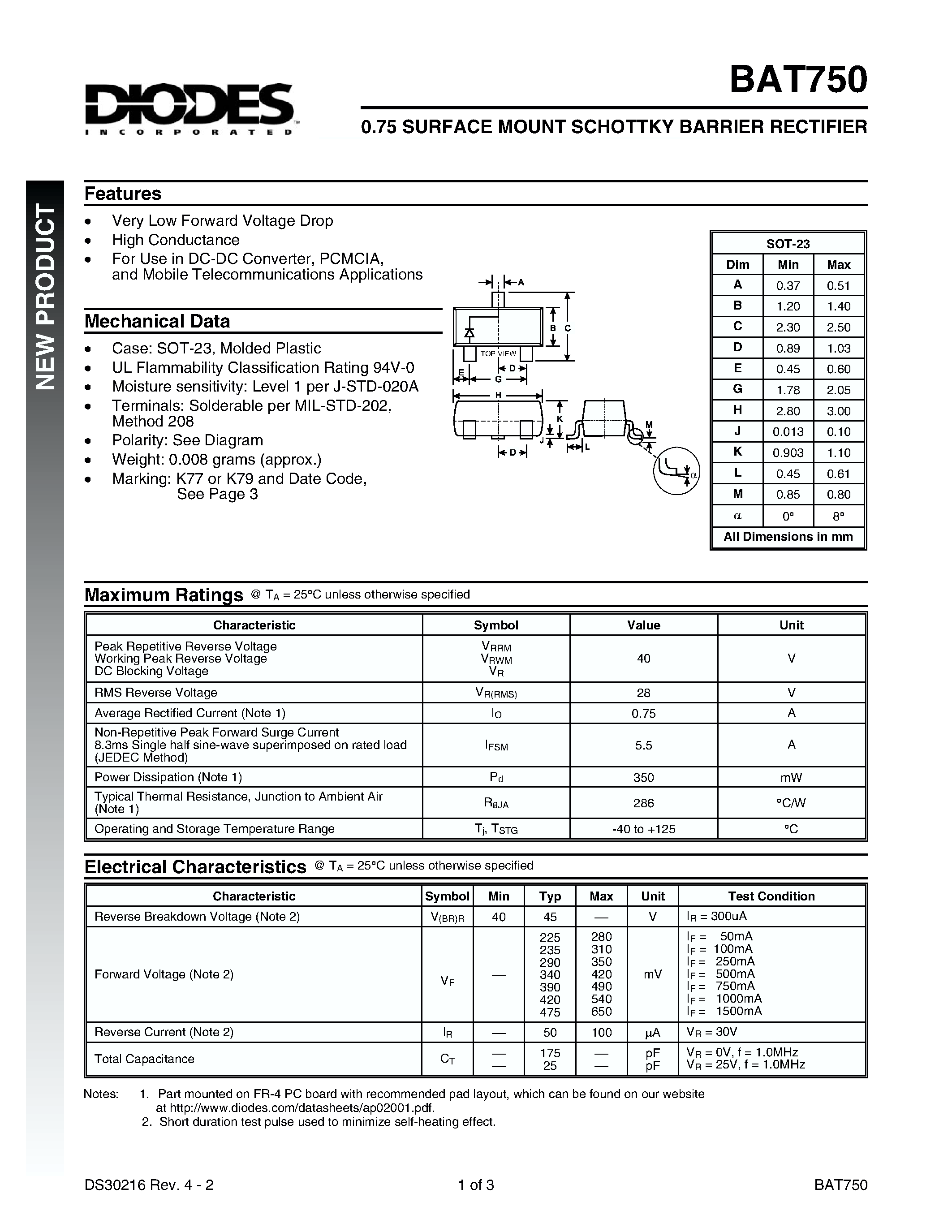 Datasheet BAT750 - 0.75A SURFACE MOUNT SCHOTTKY BARRIER RECTIFIER page 1