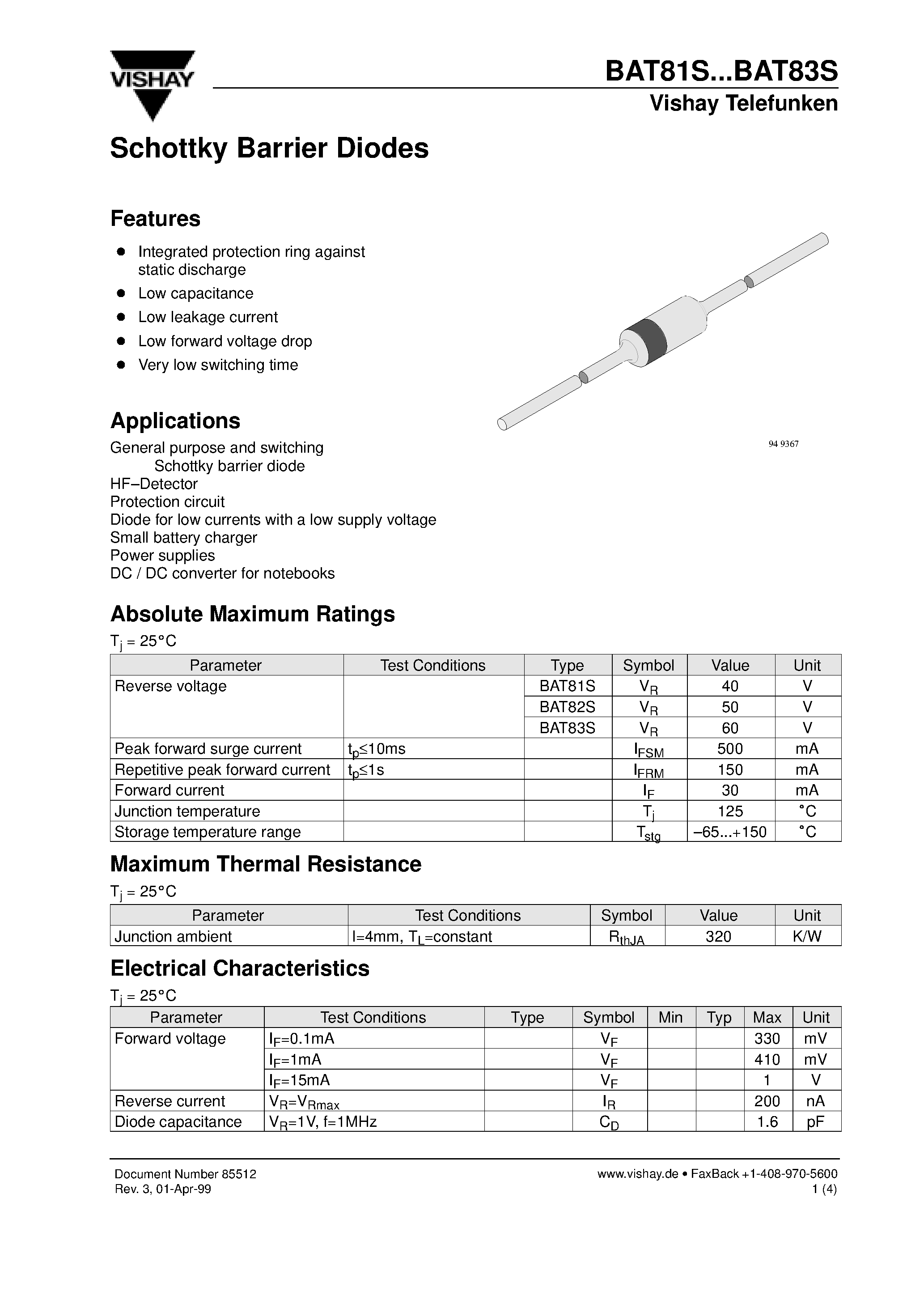 Datasheet BAT83S - Schottky Barrier Diodes page 1