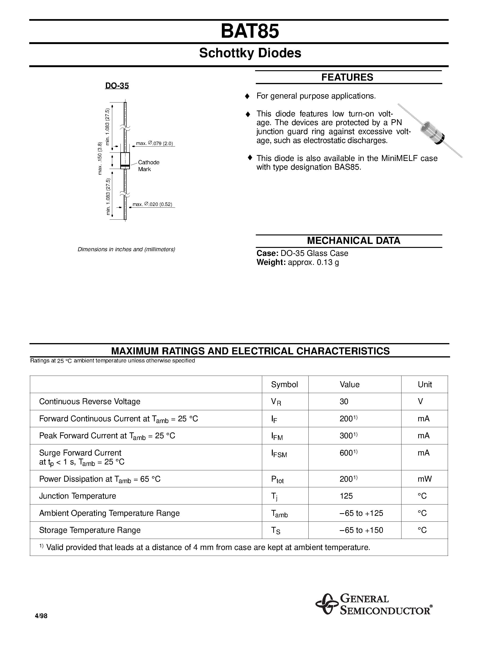 Datasheet BAT85 - Schottky Diodes page 1