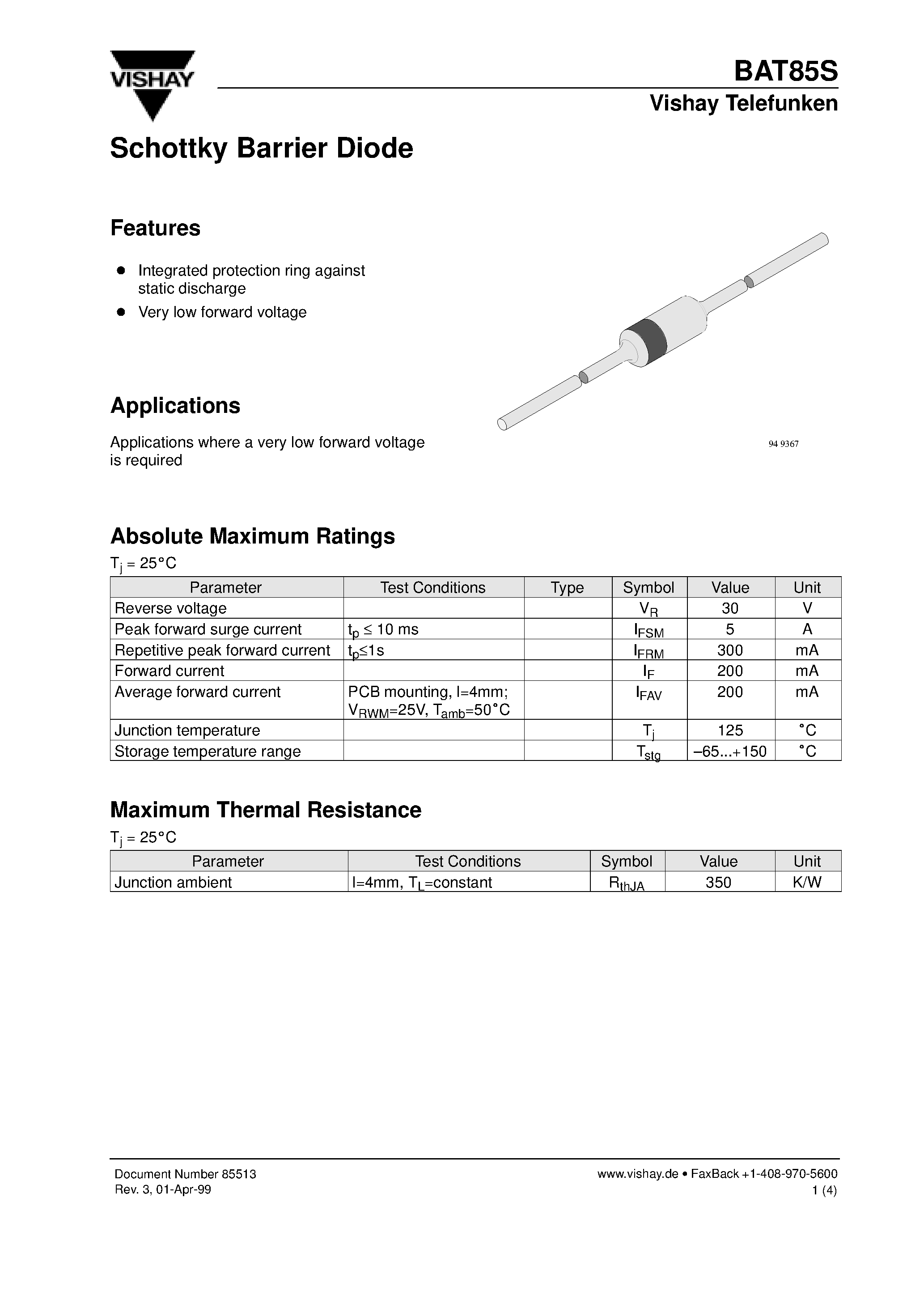 Datasheet BAT85S - Schottky Barrier Diode page 1