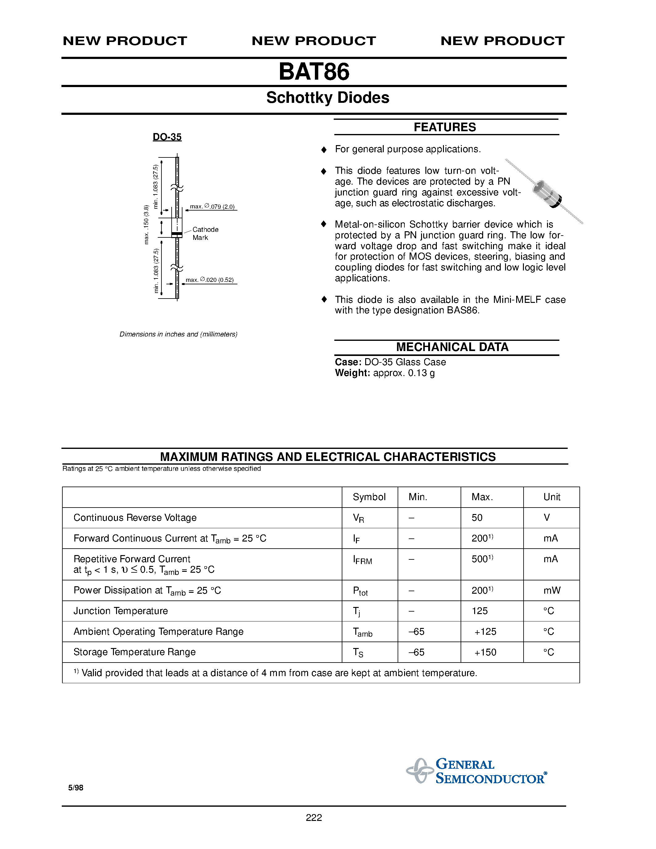Datasheet BAT86 - Schottky Diodes page 1