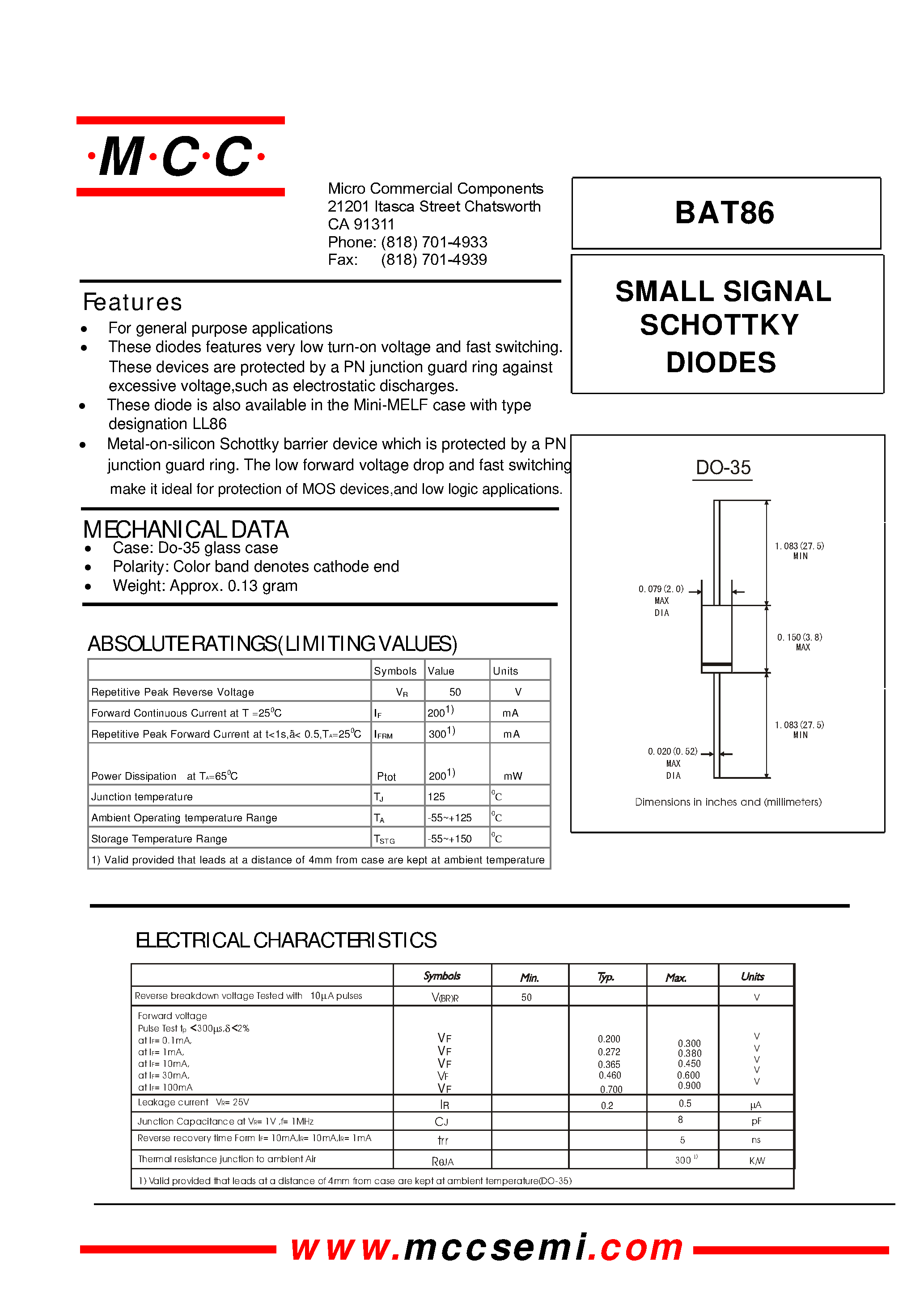 Datasheet BAT86 - SMALL SIGNAL SCHOTTKY DIODES page 1