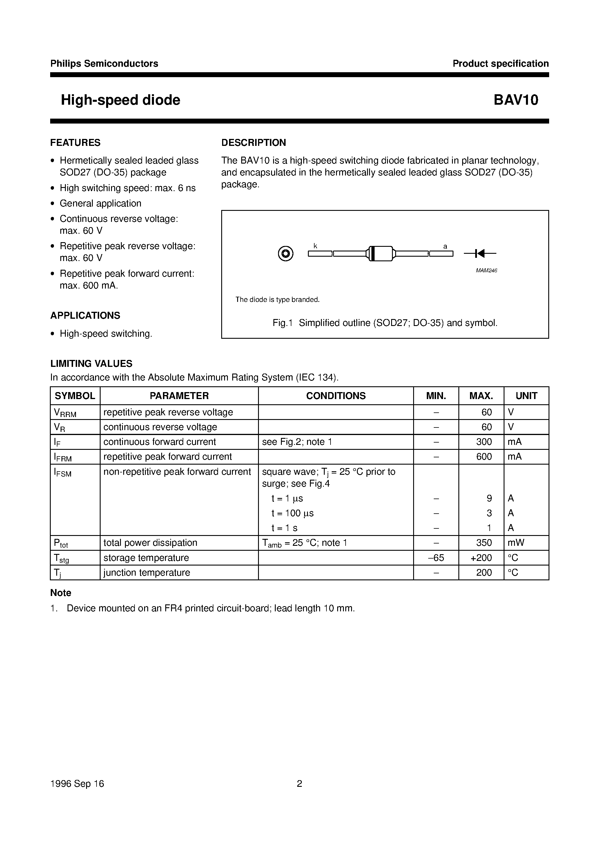 Datasheet BAV10 page 2 Datasheet BAV10 - High-speed diode page 2