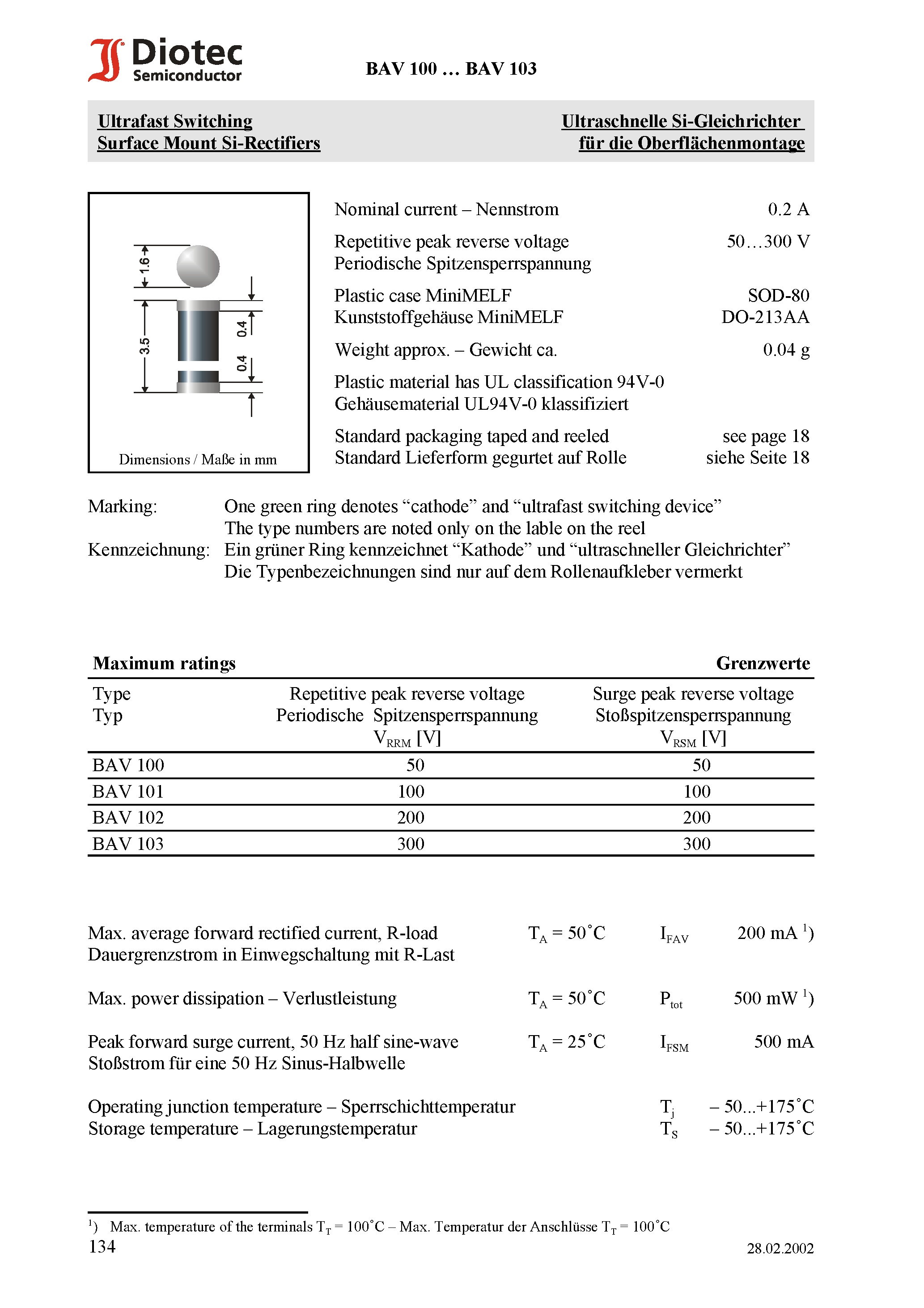 Datasheet BAV102 page 1 Datasheet BAV102 - Ultrafast Switching Surface Mount Si-Rectifiers page 1