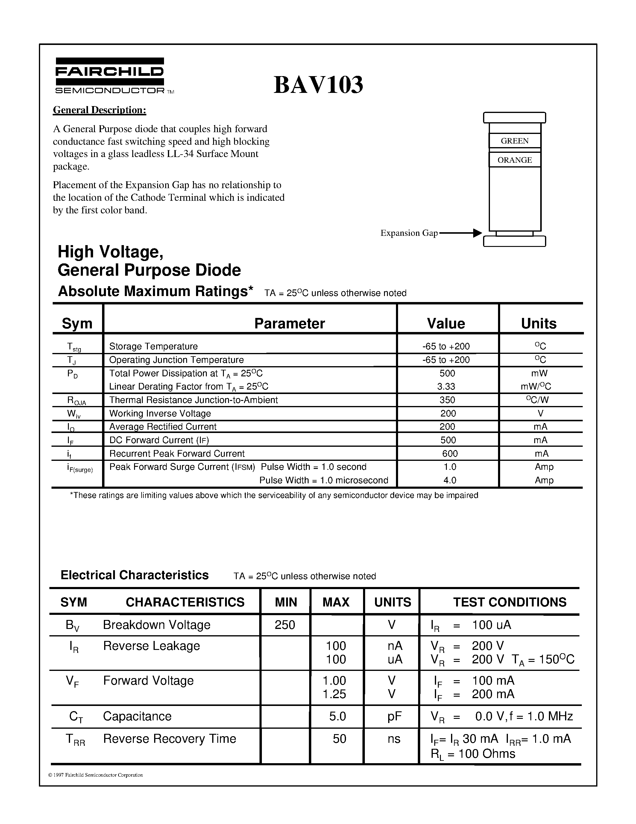 Datasheet BAV103 page 1 Datasheet BAV103 - High Voltage/ General Purpose Diode page 1