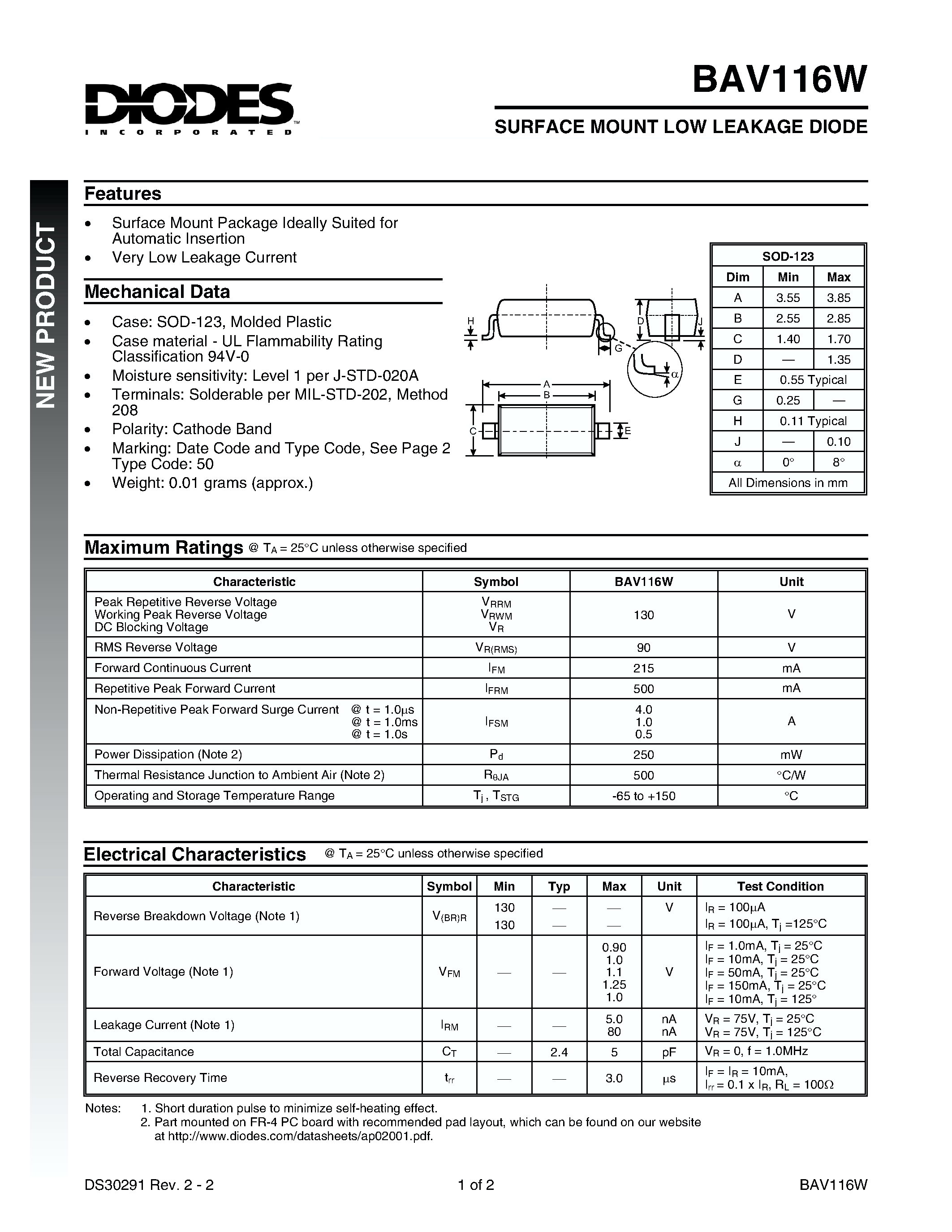 Datasheet BAV116W - SURFACE MOUNT LOW LEAKAGE DIODE page 1
