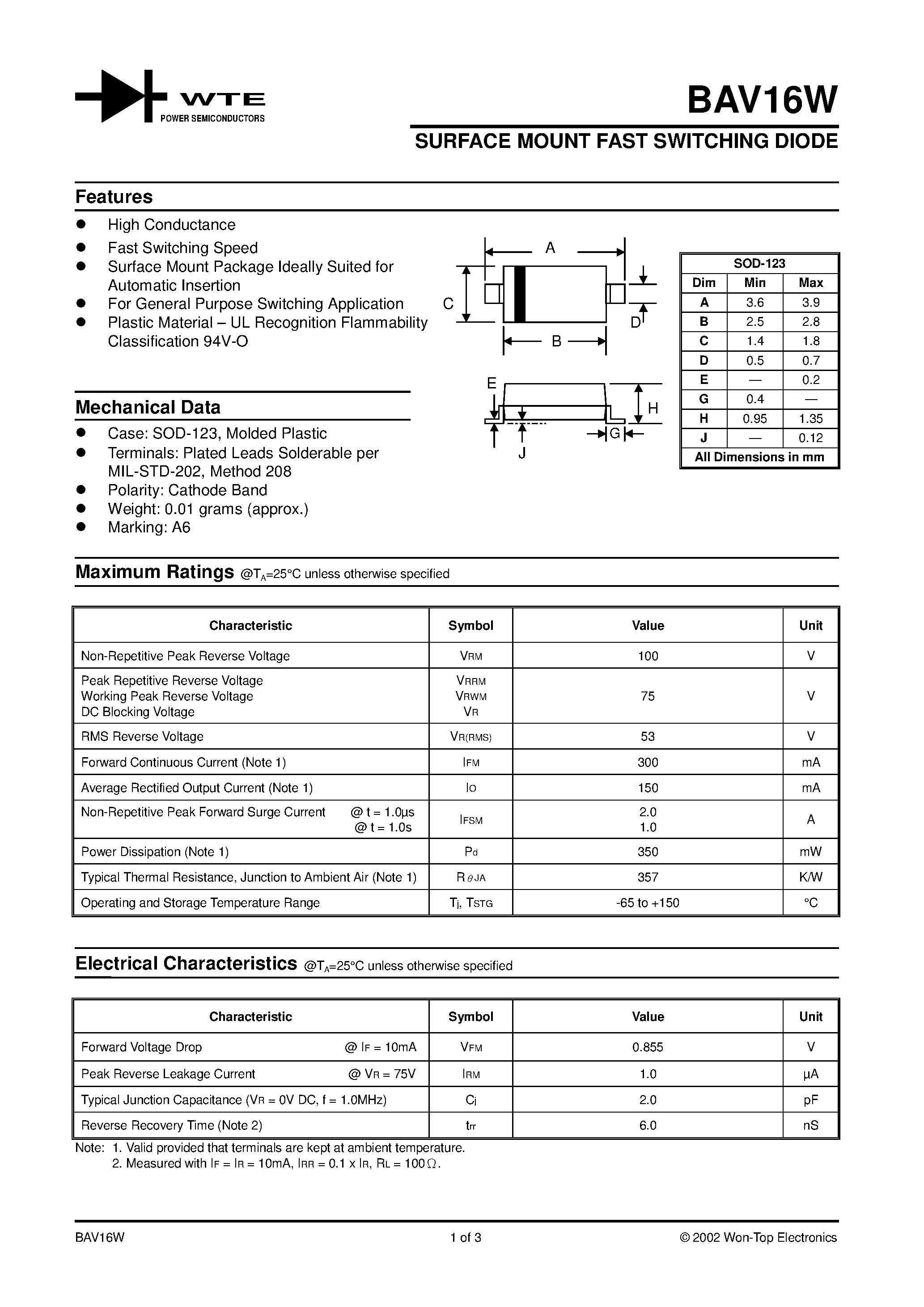 Datasheet BAV16W-T1 page 1 Datasheet BAV16W-T1 - SURFACE MOUNT FAST SWITCHING DIODE page 1