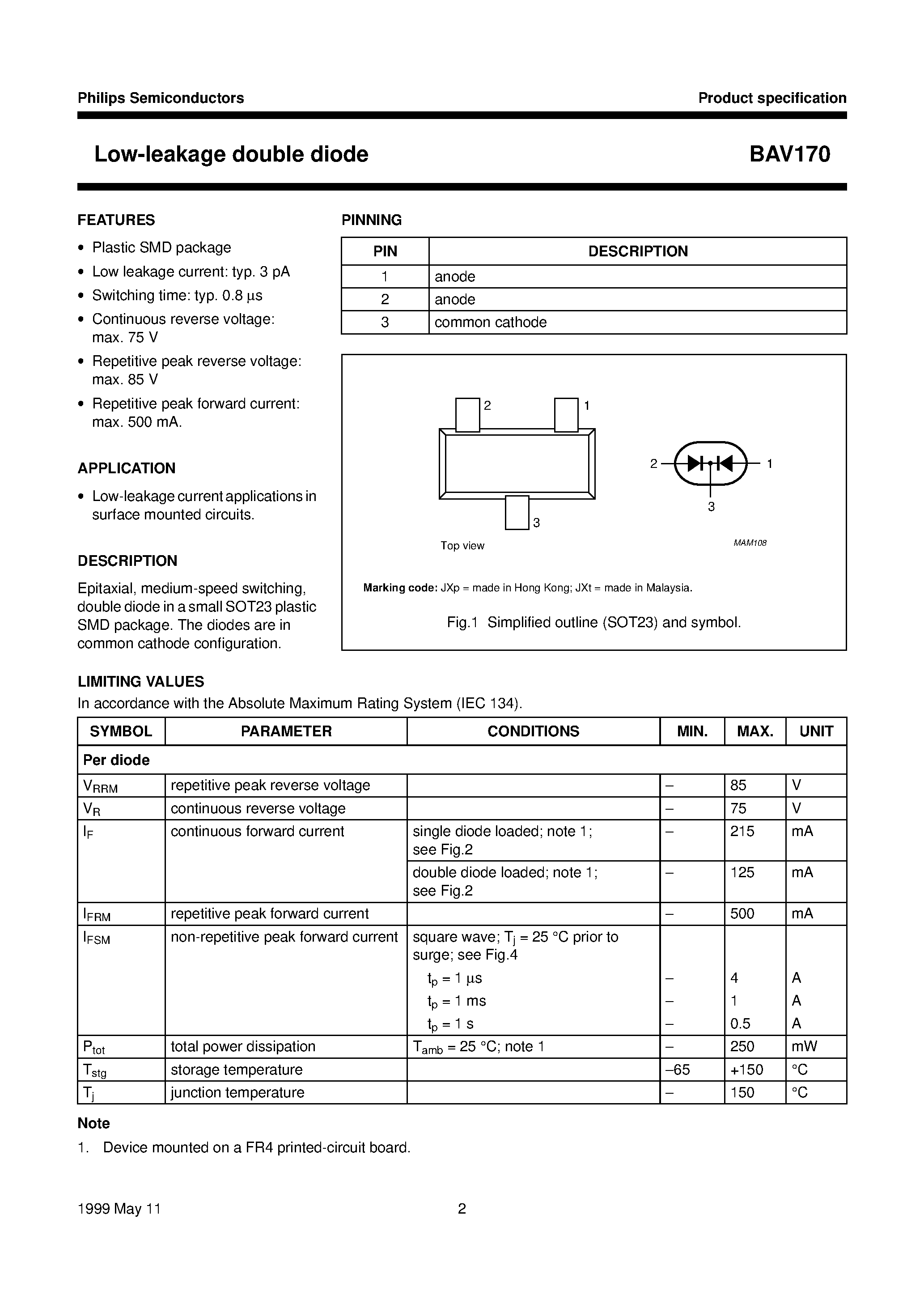 Datasheet BAV170 page 2 Datasheet BAV170 - Low-leakage double diode page 2