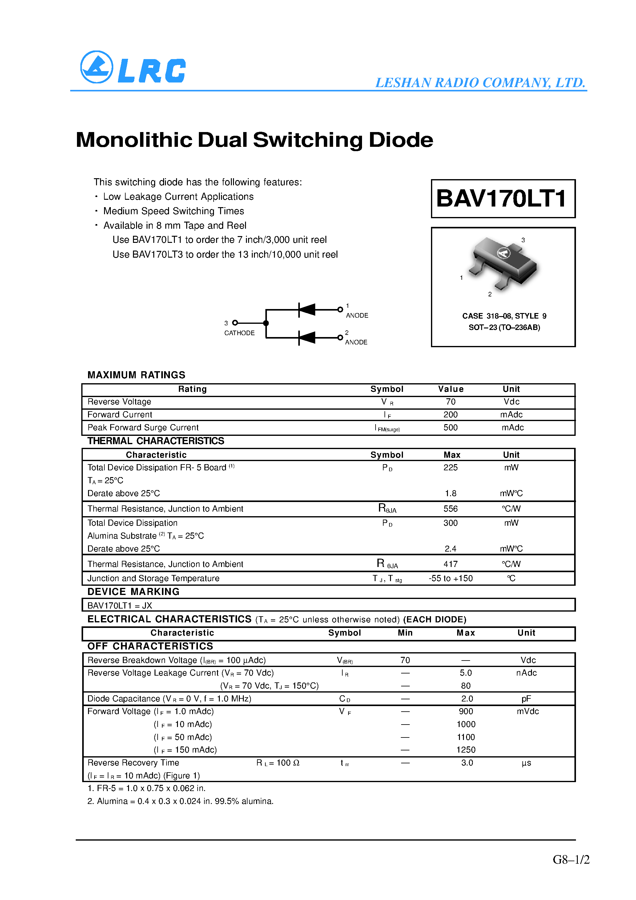 Datasheet BAV170LT1 page 1 Datasheet BAV170LT1 - Monolithic Dual Switching Diode page 1