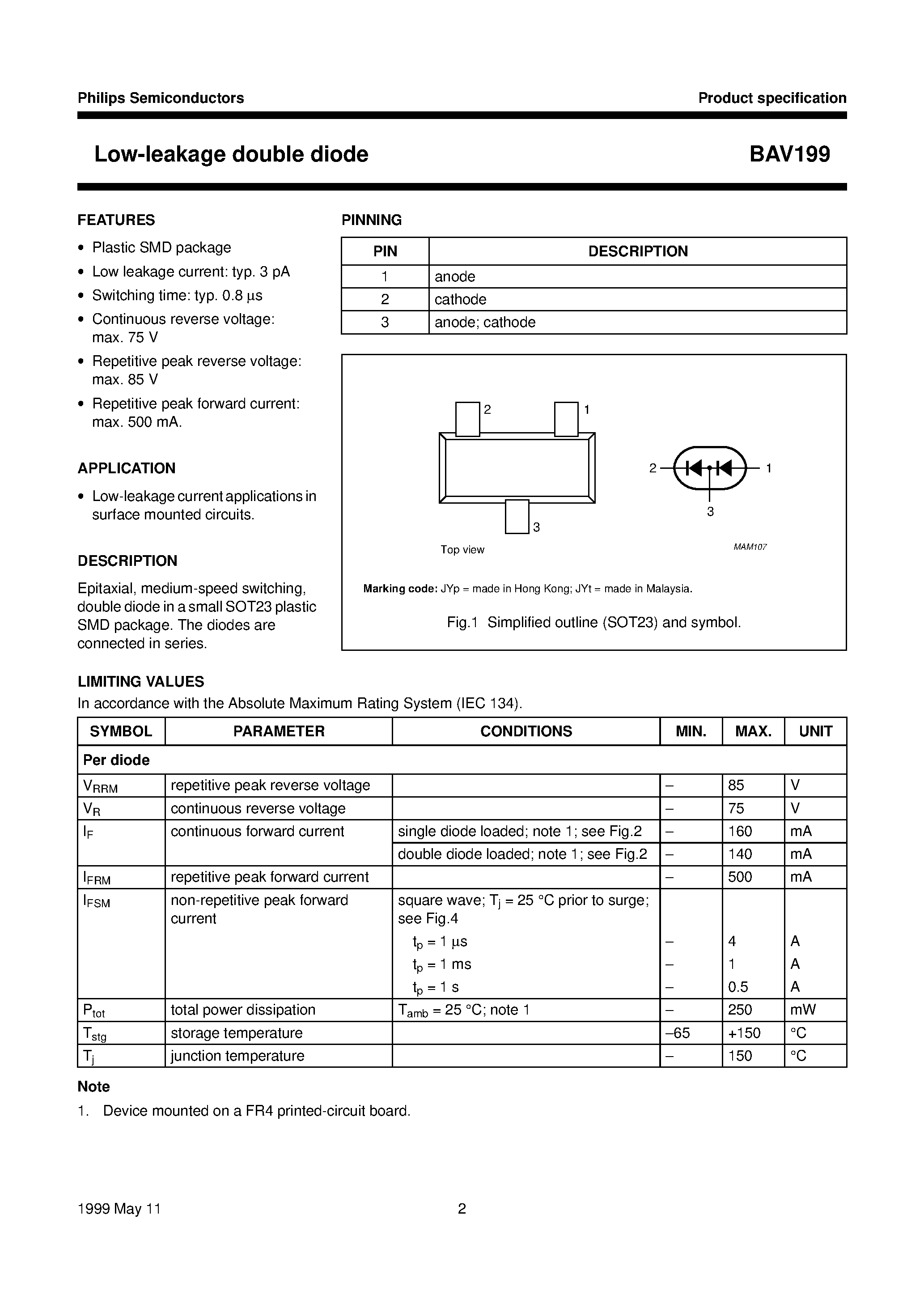 Datasheet BAV199 page 2 Datasheet BAV199 - Low-leakage double diode page 2