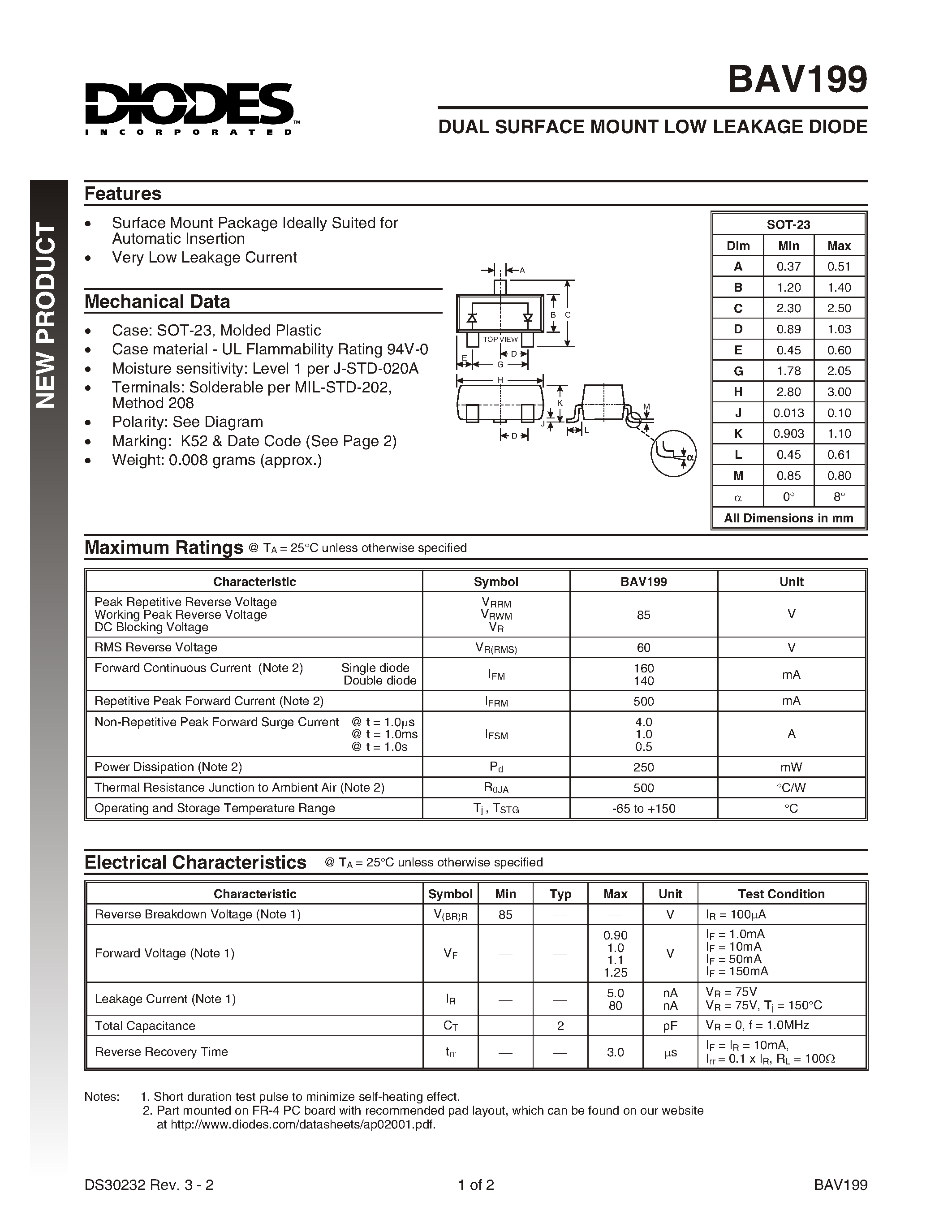 Datasheet BAV199-7 - DUAL SURFACE MOUNT LOW LEAKAGE DIODE page 1