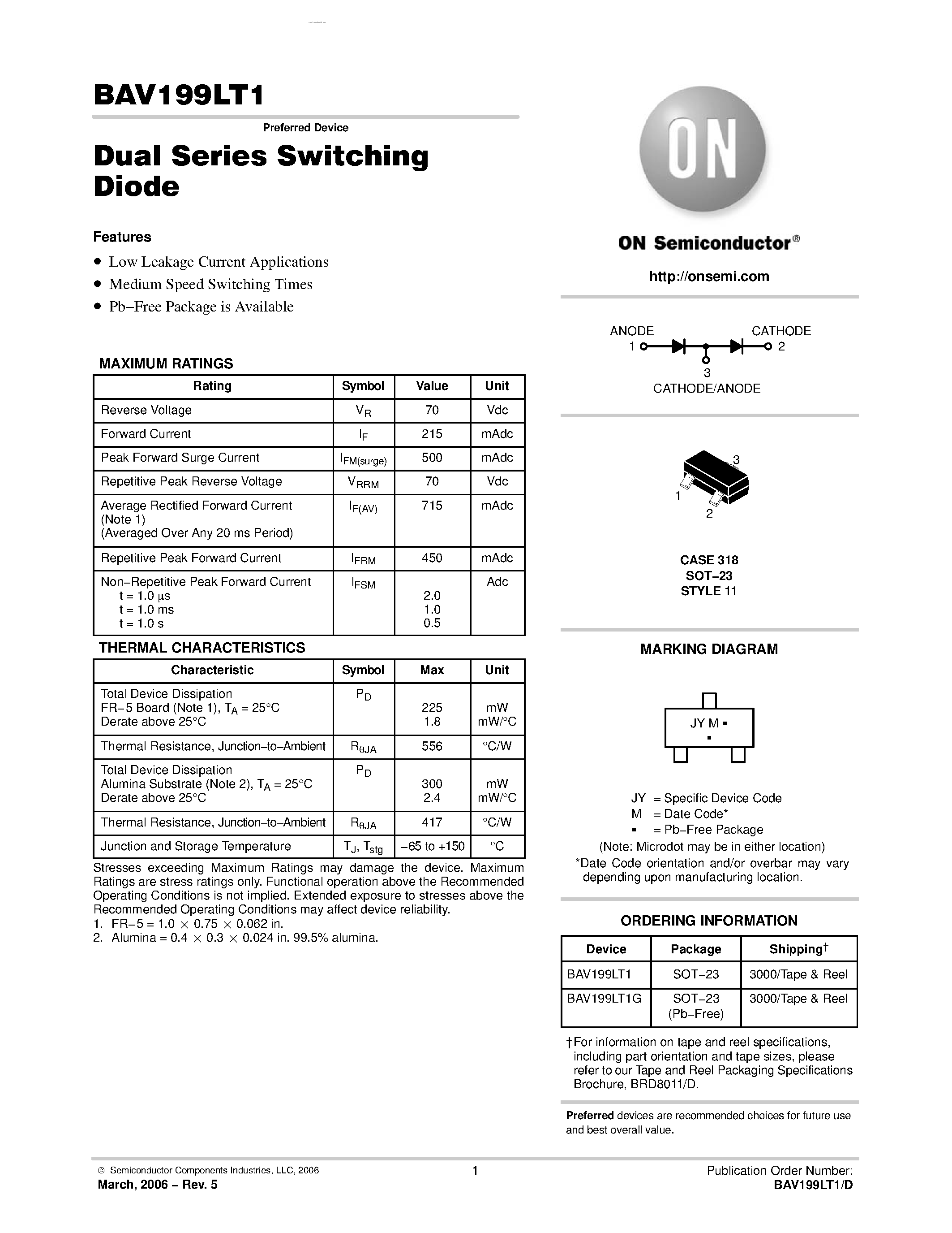 Datasheet BAV199LT1 page 1 Datasheet BAV199LT1 - Dual Series Switching Diode page 1