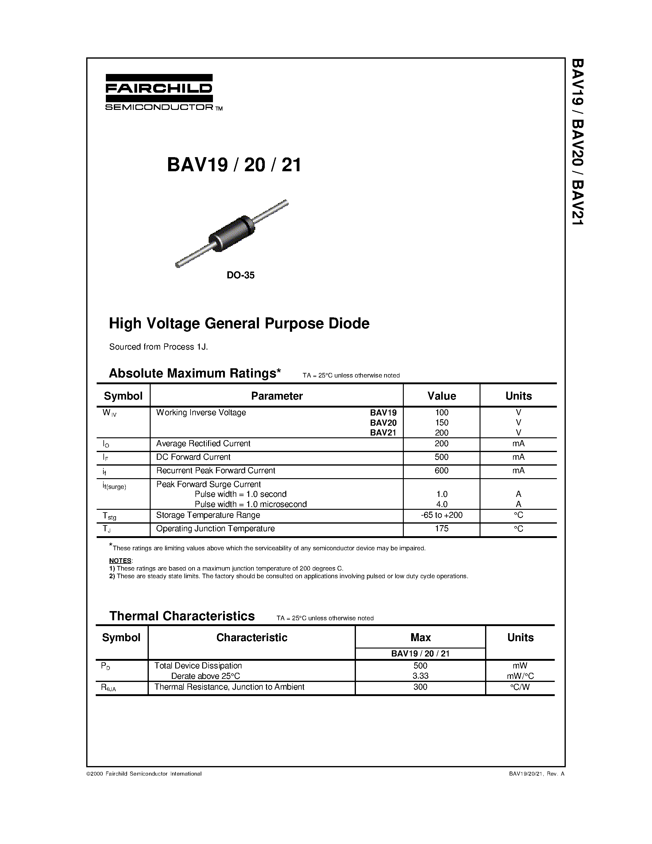 Datasheet BAV20 page 1 Datasheet BAV20 - High Voltage General Purpose Diode page 1