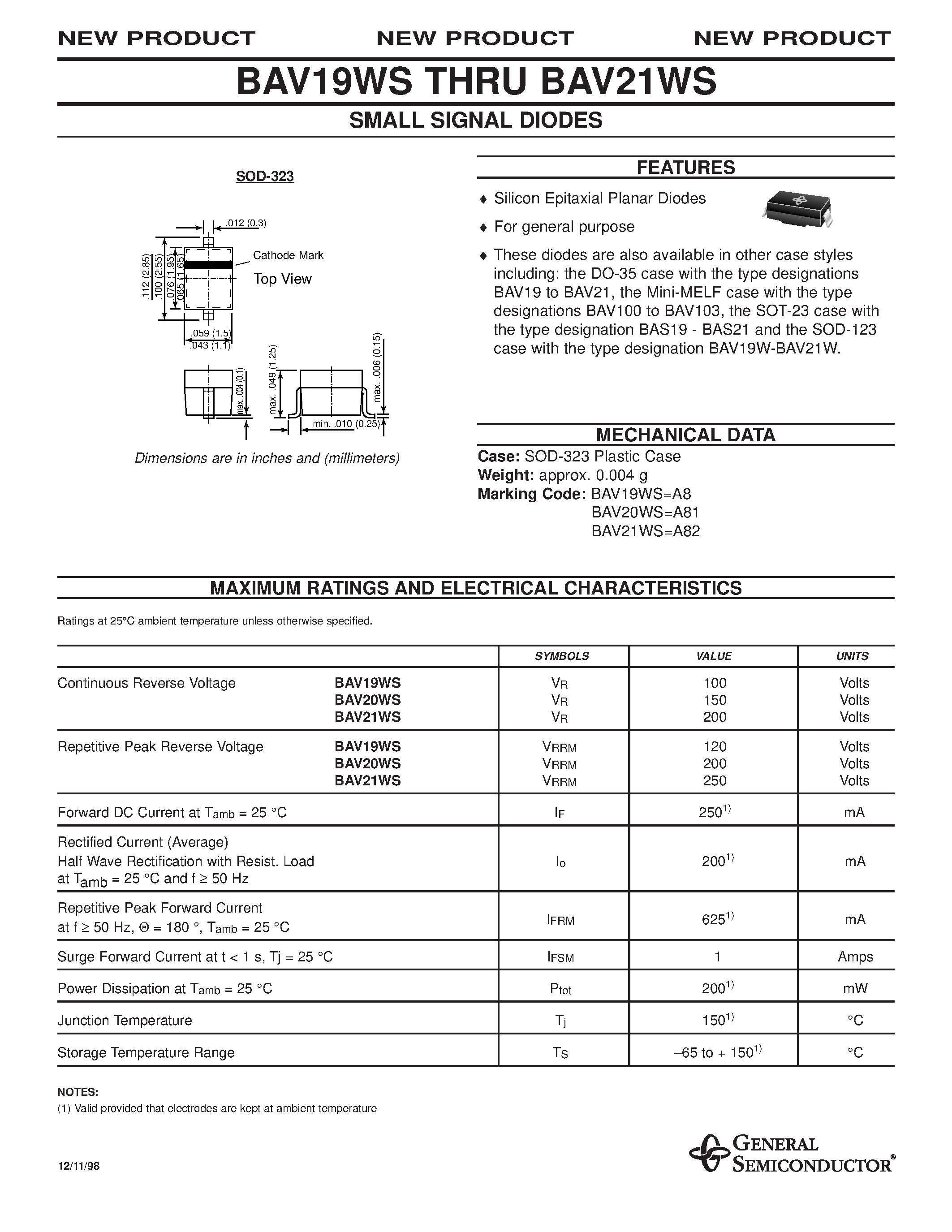 Даташит на микросхему BAV20WS страница 1 Даташит BAV20WS - SURFACT MOUNT SWITCHING DIODES страница 1