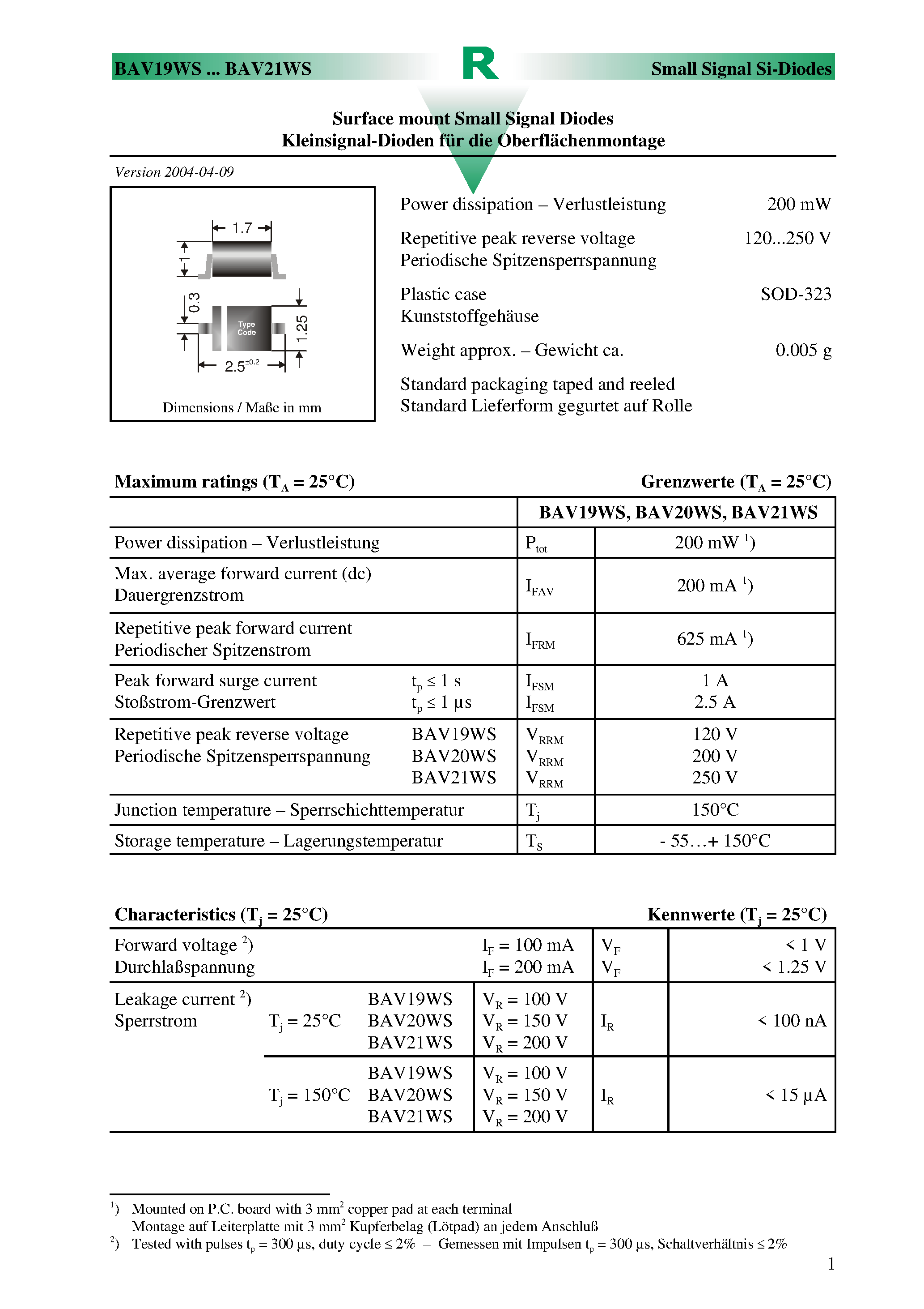 Datasheet BAV20WS-7 page 1 Datasheet BAV20WS-7 - SURFACE MOUNT FAST SWITCHING DIODE page 1