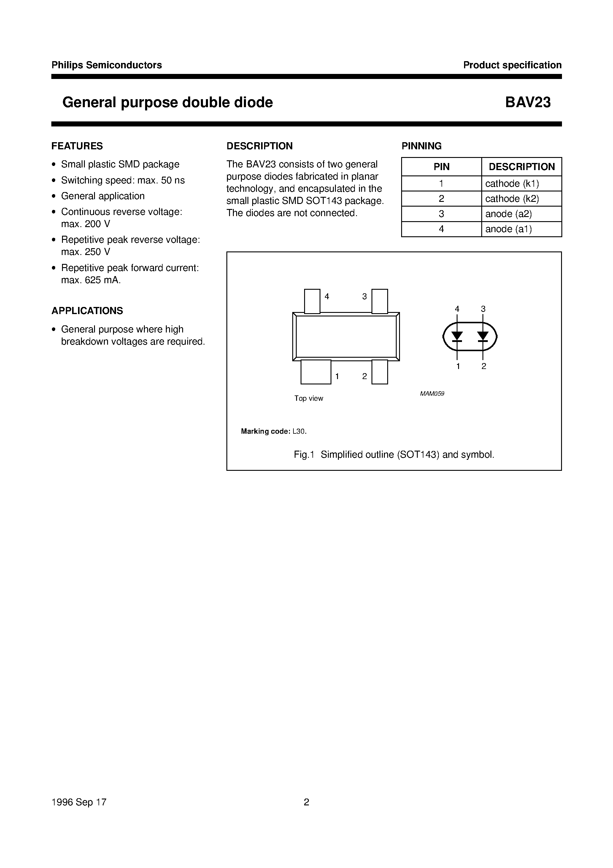Datasheet BAV23 page 2 Datasheet BAV23 - General purpose double diode page 2