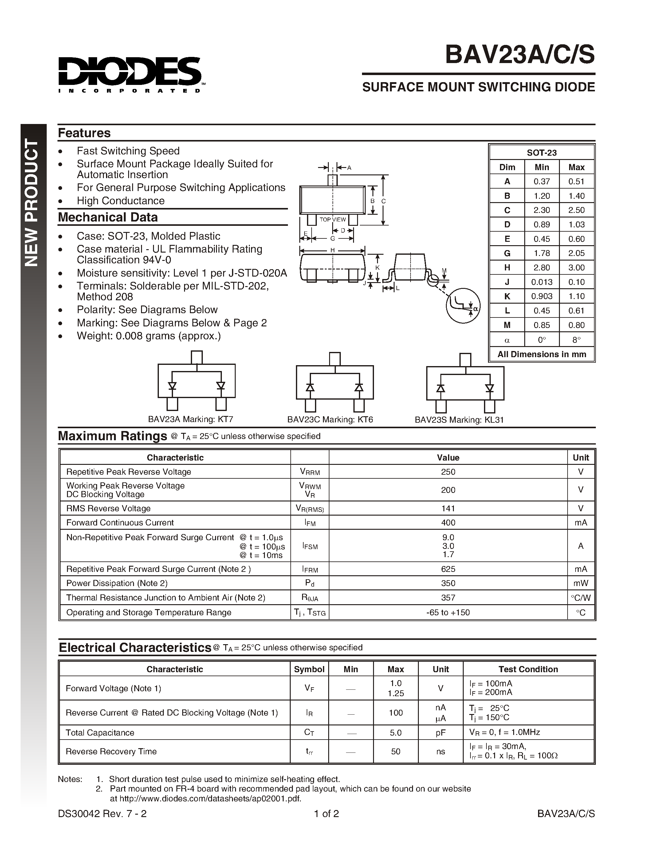 Datasheet BAV23S - SURFACE MOUNT SWITCHING DIODE page 1