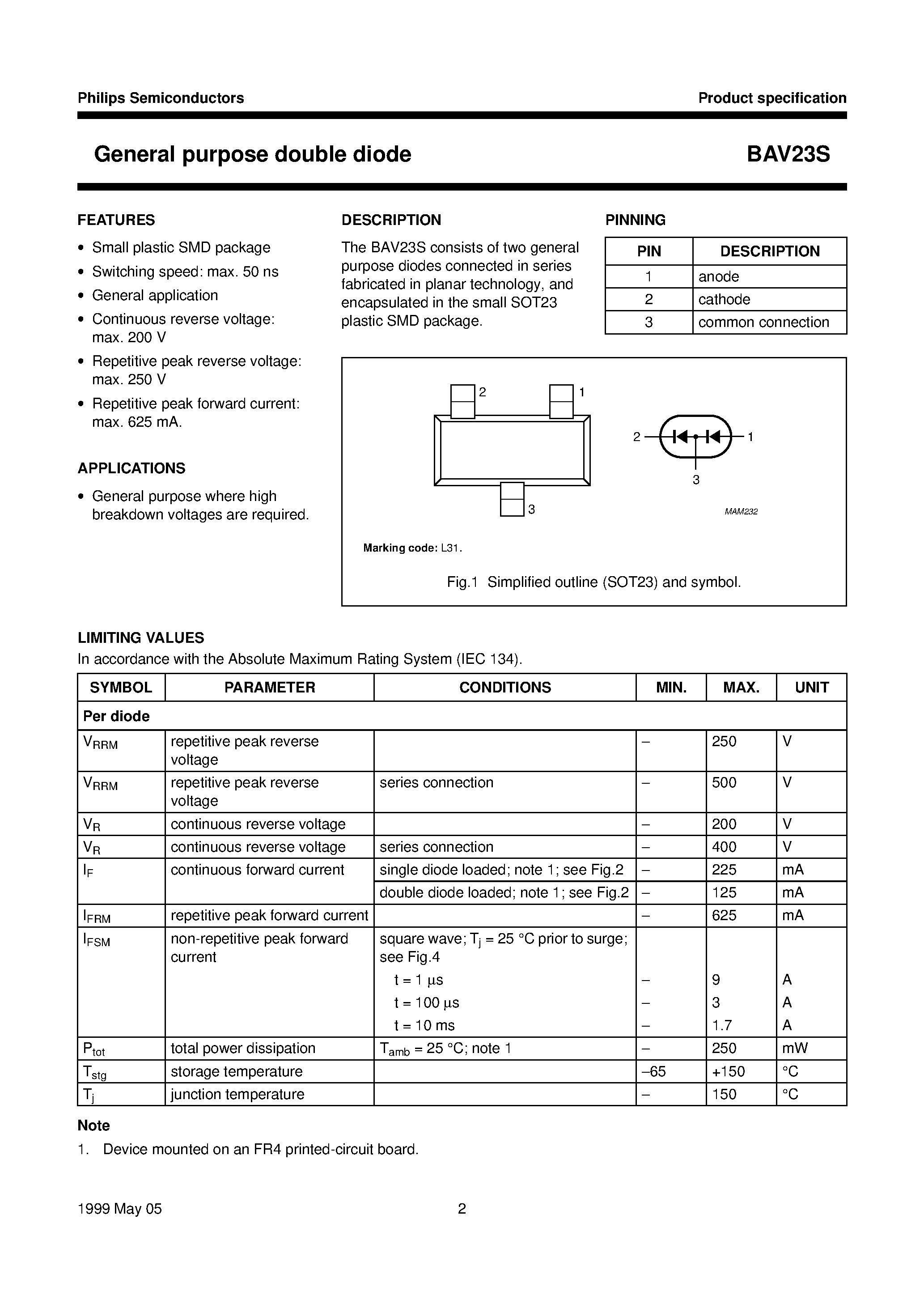 Datasheet BAV23S page 2 Datasheet BAV23S - General purpose double diode page 2