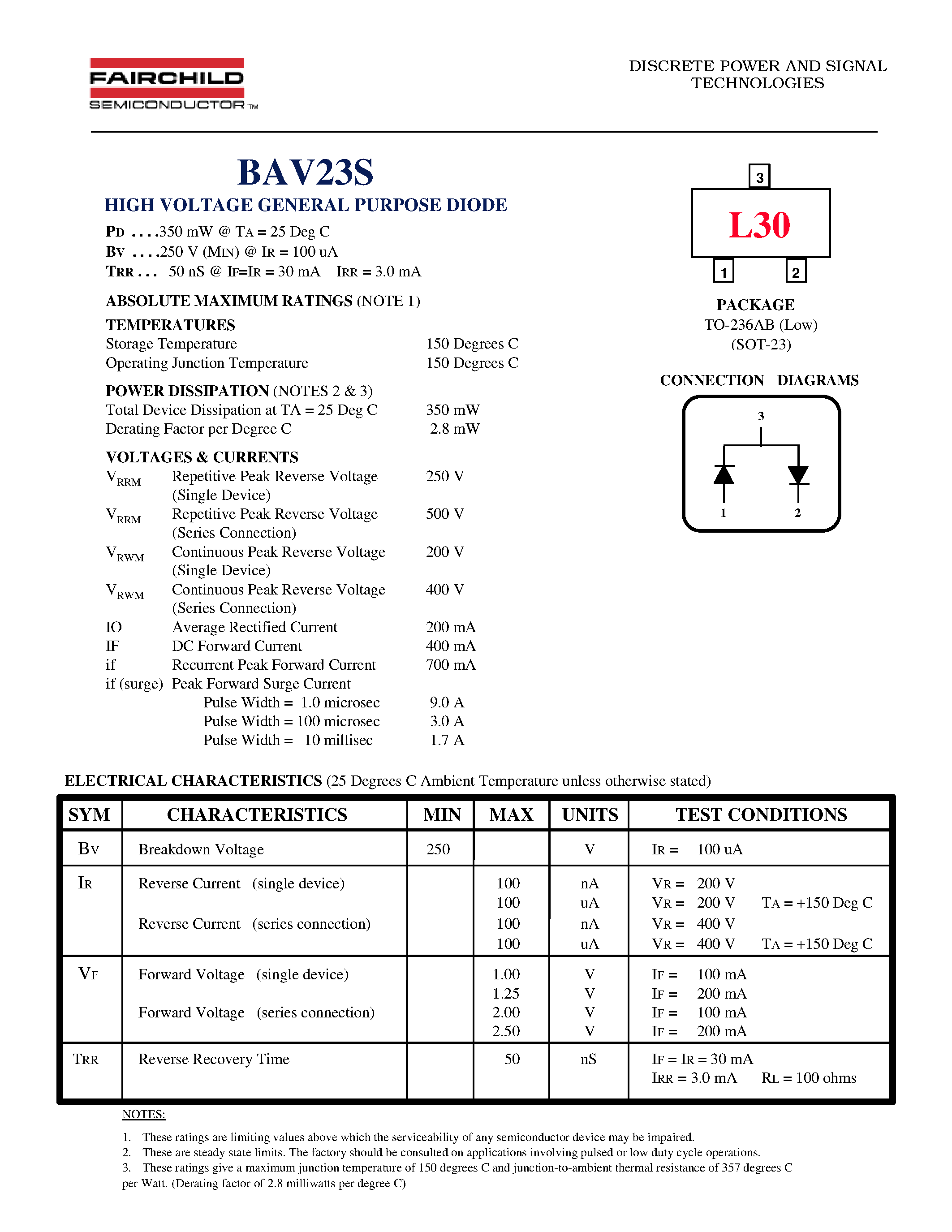 Datasheet BAV23S - HIGH VOLTAGE GENERAL PURPOSE DIODE page 1