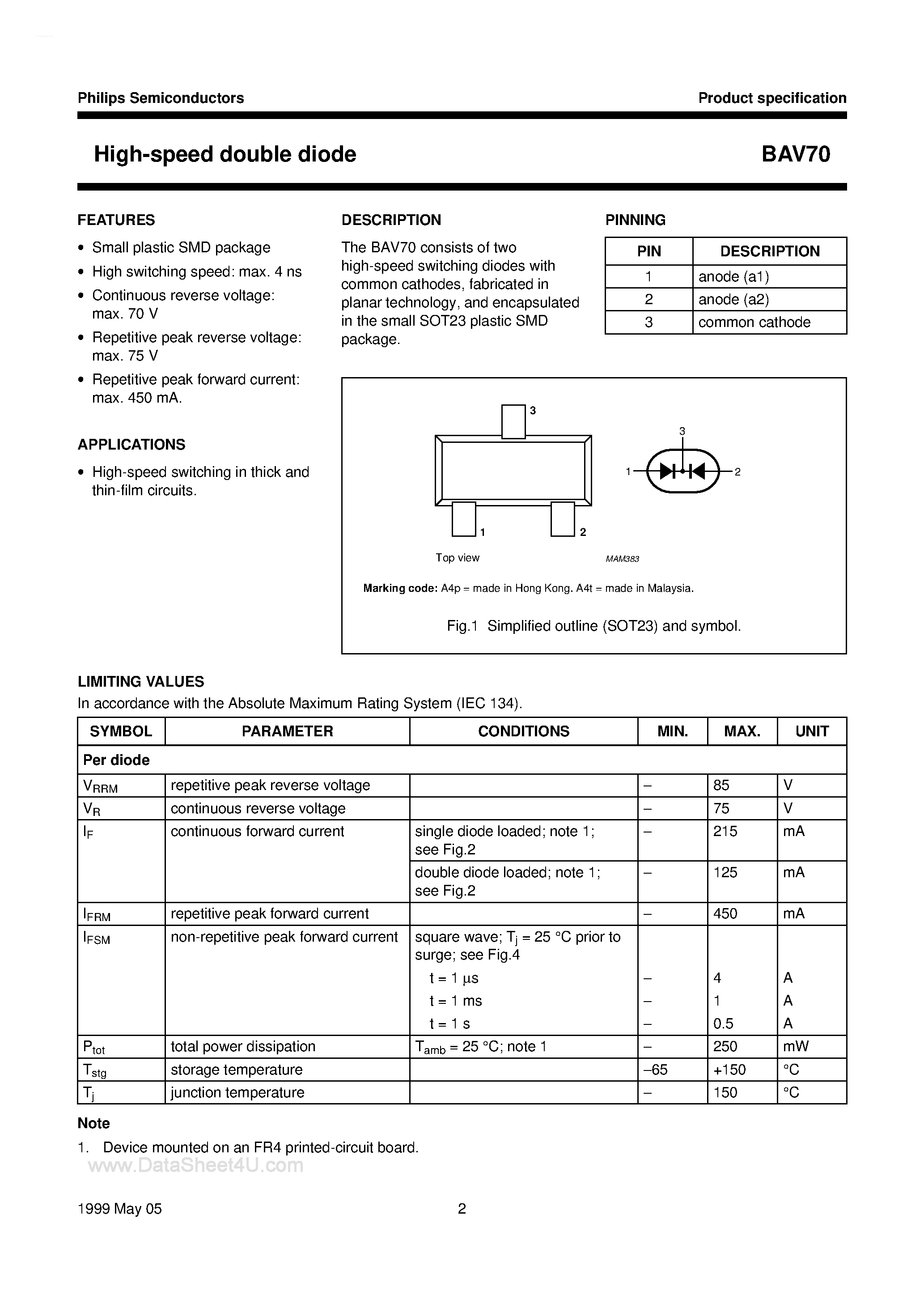 Datasheet BAV70 page 2 Datasheet BAV70 - High-speed double diode page 2