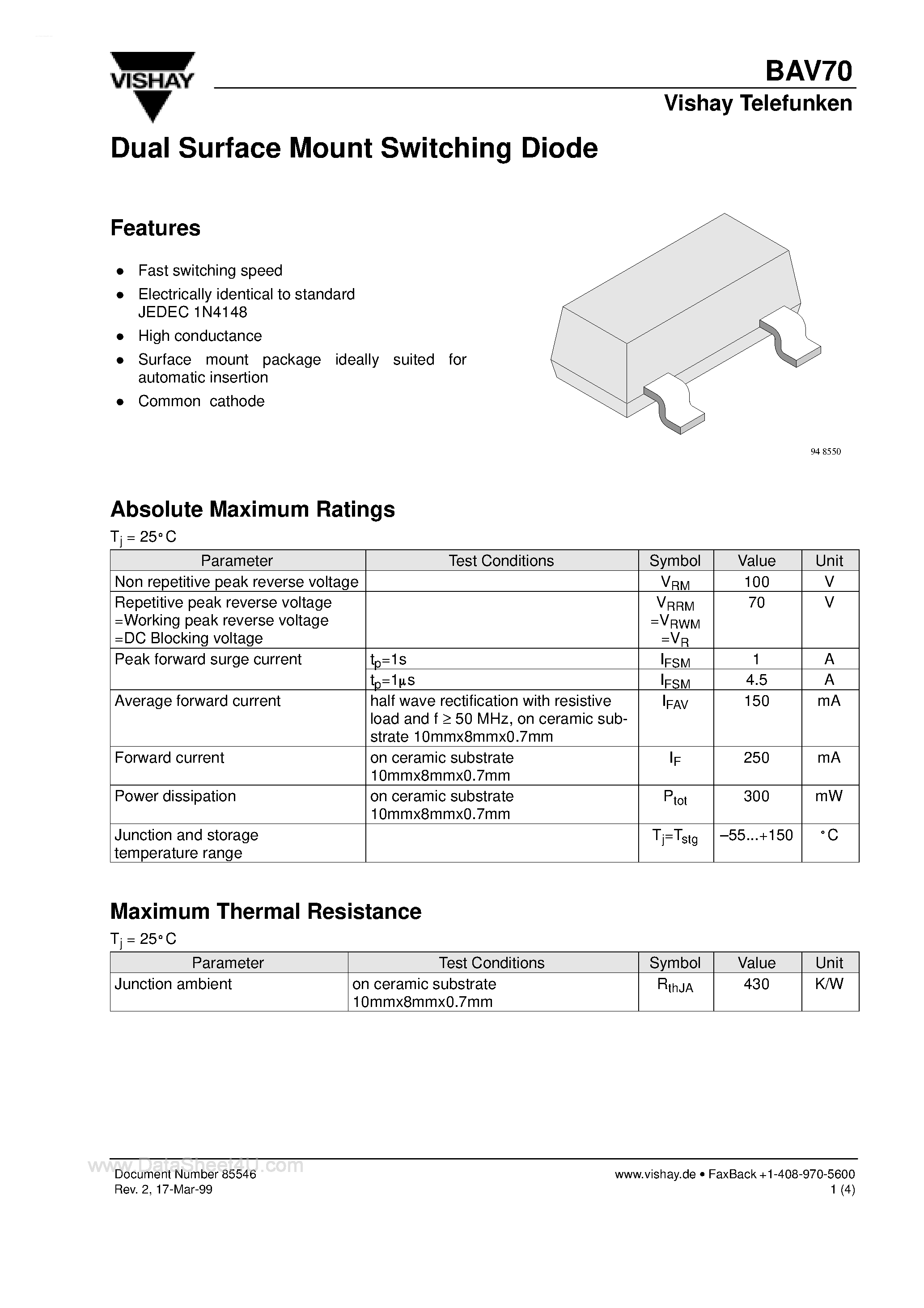 Datasheet BAV70 page 1 Datasheet BAV70 - Dual Surface Mount Switching Diode page 1