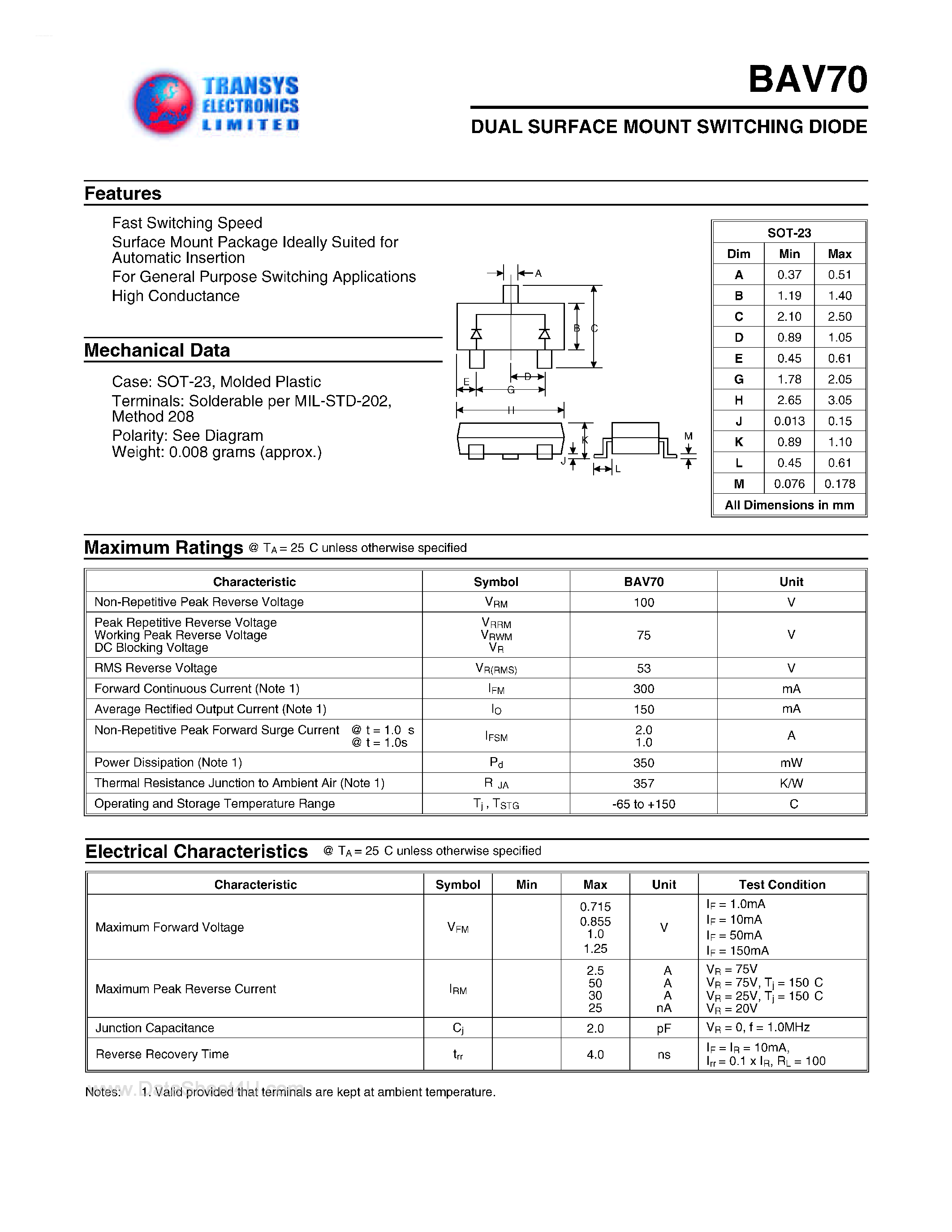 Datasheet BAV70 - DUAL SURFACE MOUNT SWITCHING DIODE page 1