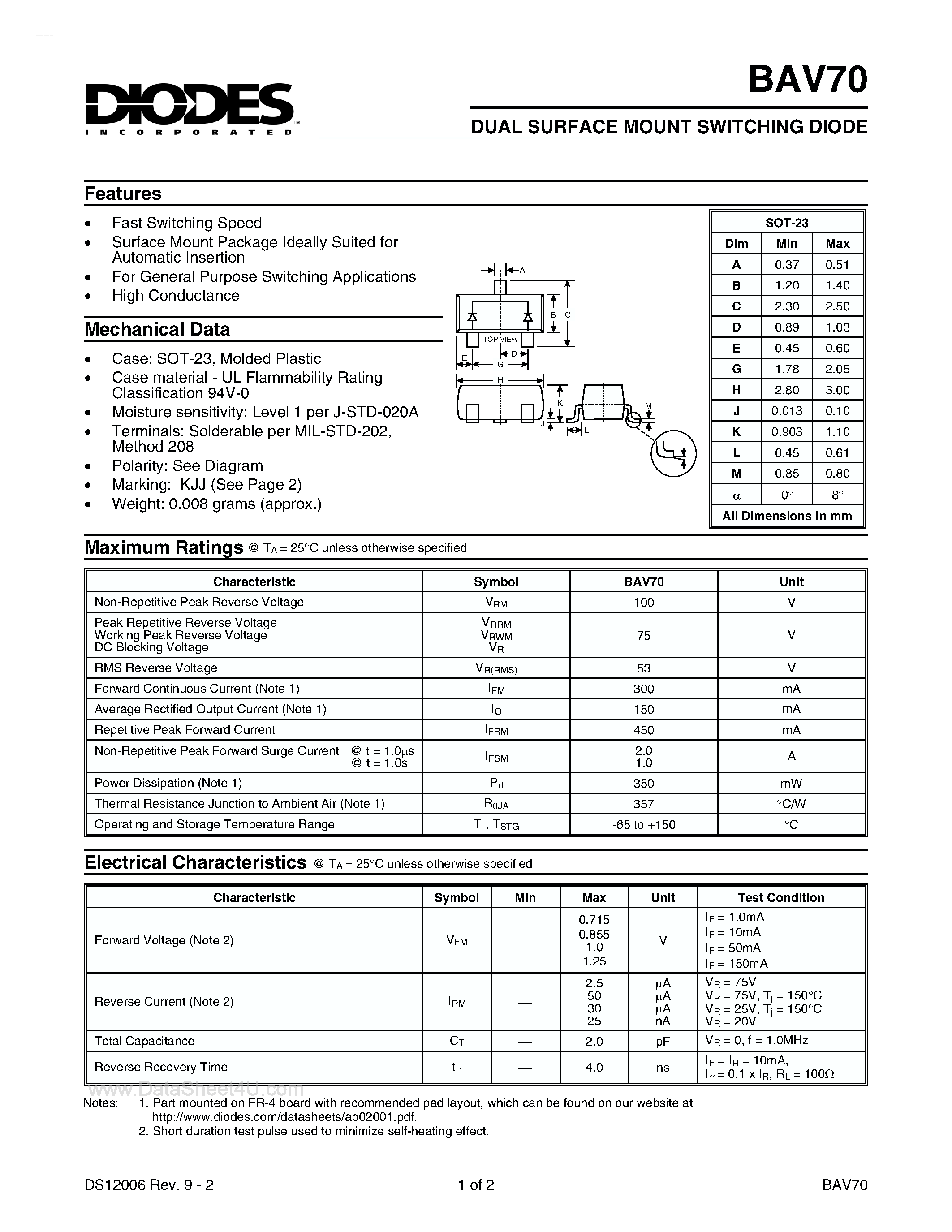 Datasheet BAV70 - DUAL SURFACE MOUNT SWITCHING DIODE page 1