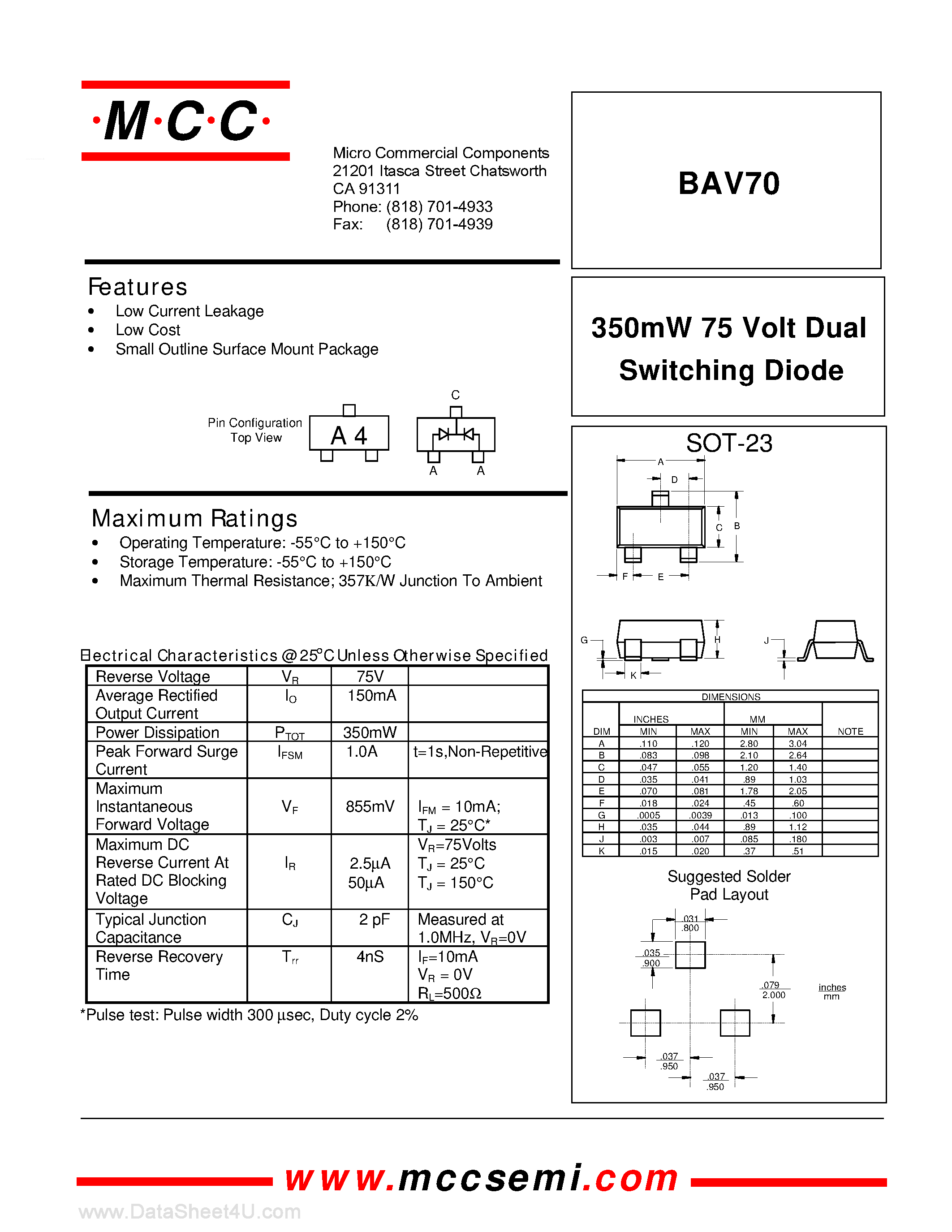 Datasheet BAV70 page 1 Datasheet BAV70 - 350mW 75 Volt Dual Switching Diode page 1