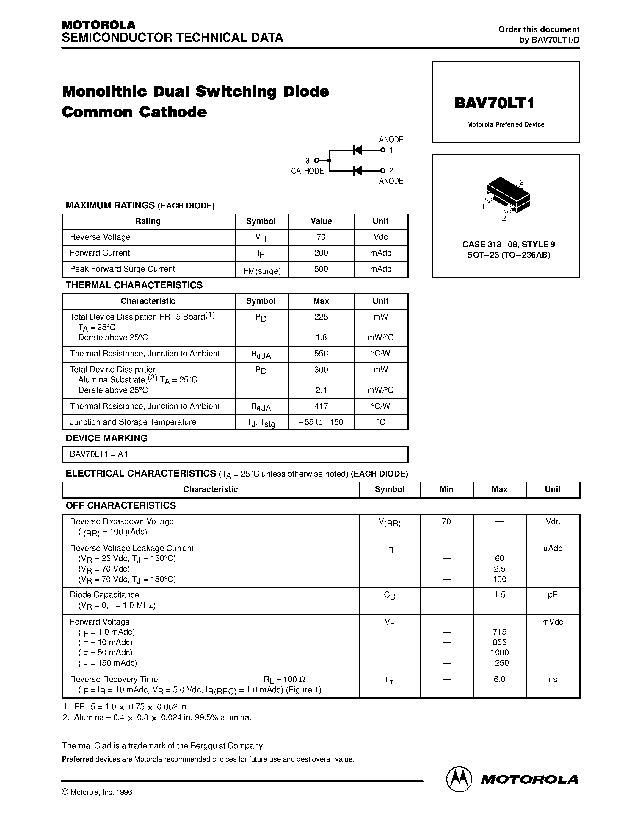 Даташит BAV70LT1 - CASE 318-08/ STYLE 9 SOT-23 (TO-236AB) страница 1
