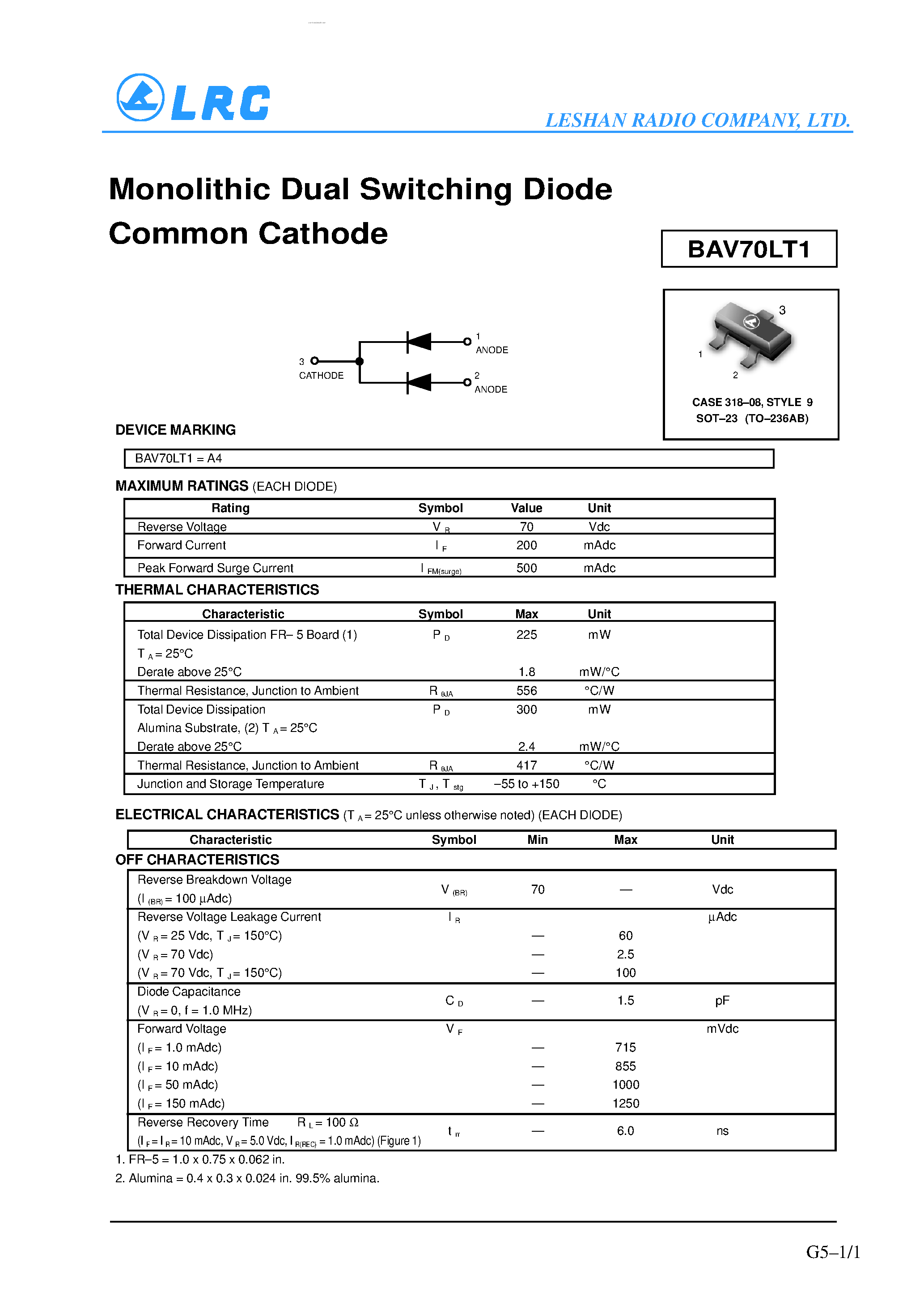 Datasheet BAV70LT1 page 1 Datasheet BAV70LT1 - Monolithic Dual Switching Diode Common Cathode page 1