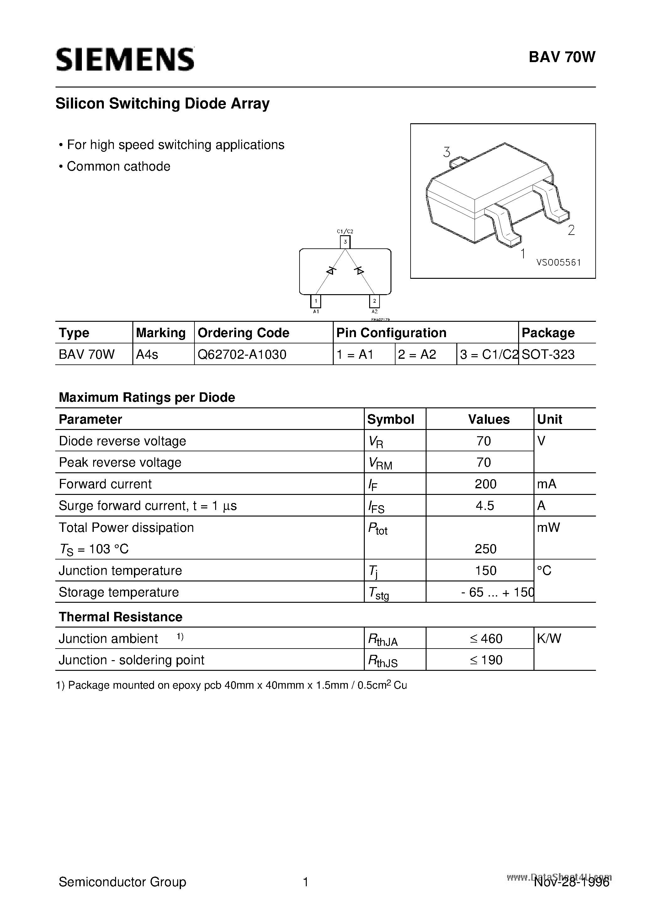 Datasheet BAV70W - Silicon Switching Diode Array (For high speed switching applications Common cathode) page 1