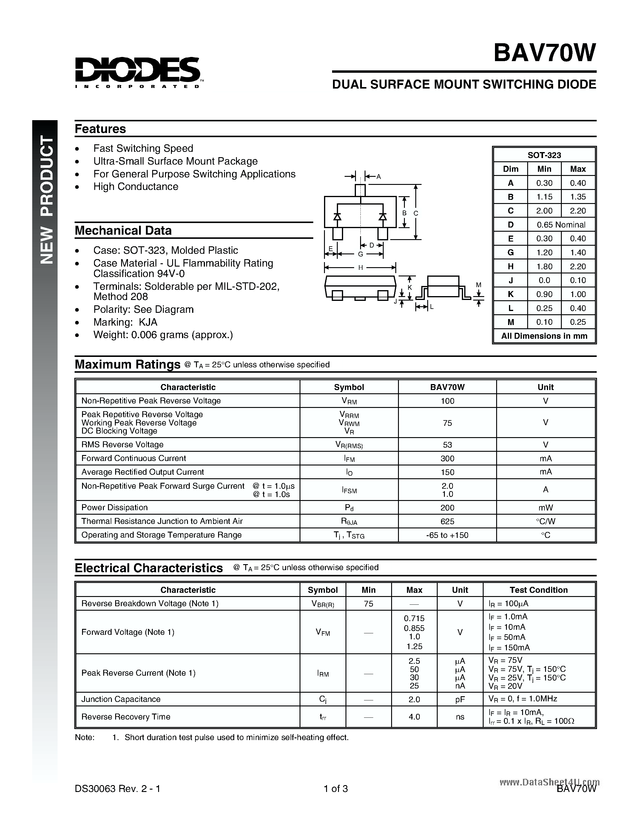 Datasheet BAV70W-7 - DUAL SURFACE MOUNT SWITCHING DIODE page 1
