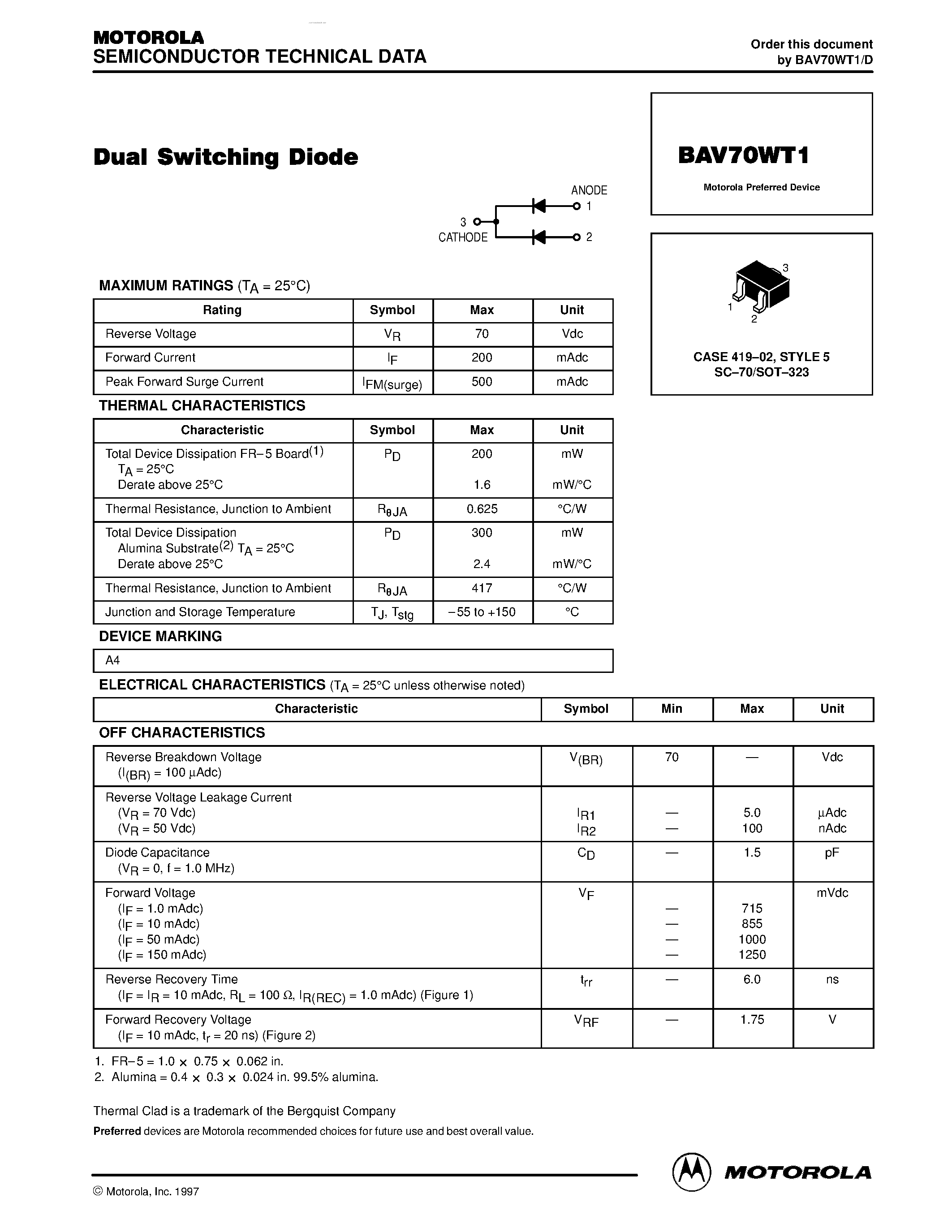 Datasheet BAV70WT1 - CASE 419-02/ STYLE 5 SC-70/SOT-323 page 1