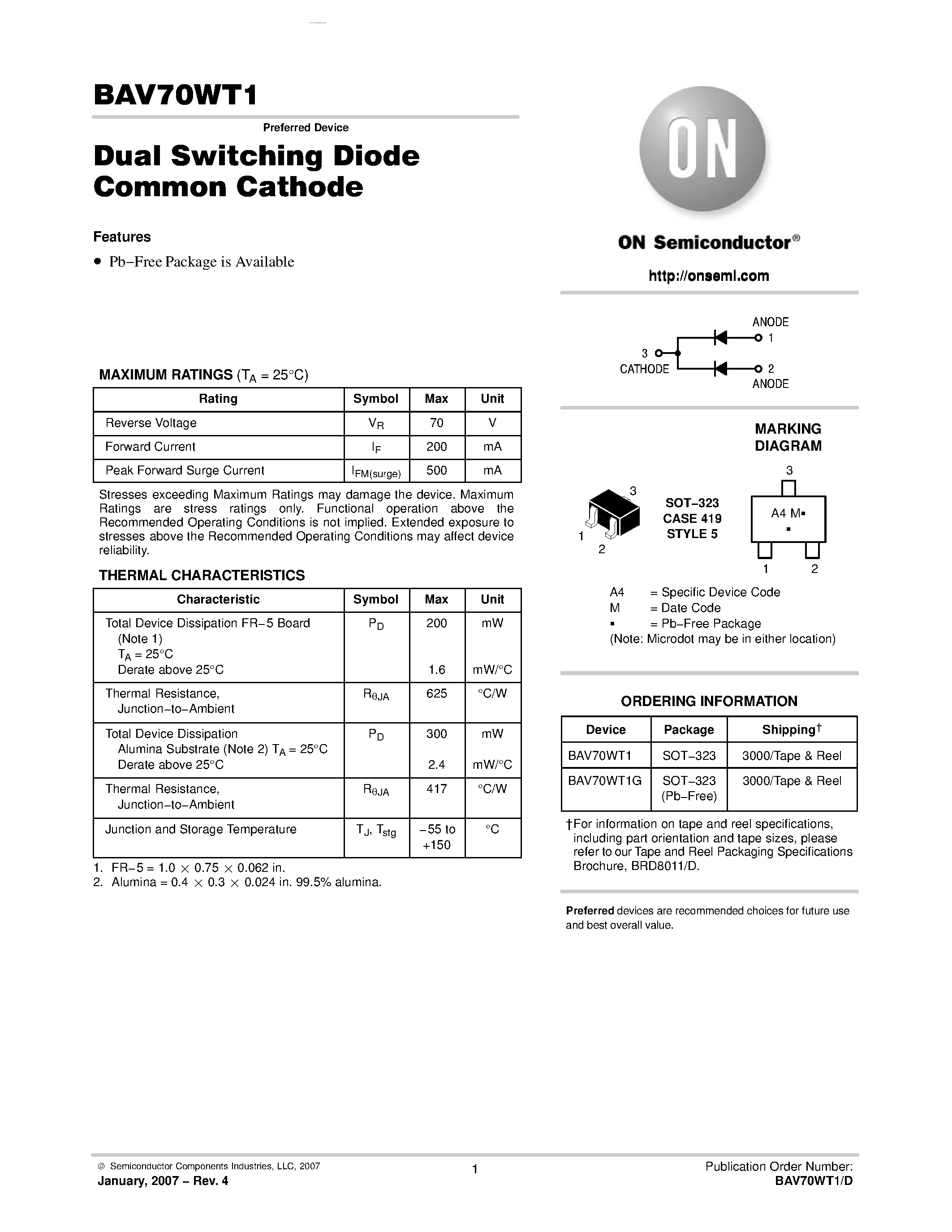 Datasheet BAV70WT1 page 1 Datasheet BAV70WT1 - Dual Switching Diode page 1
