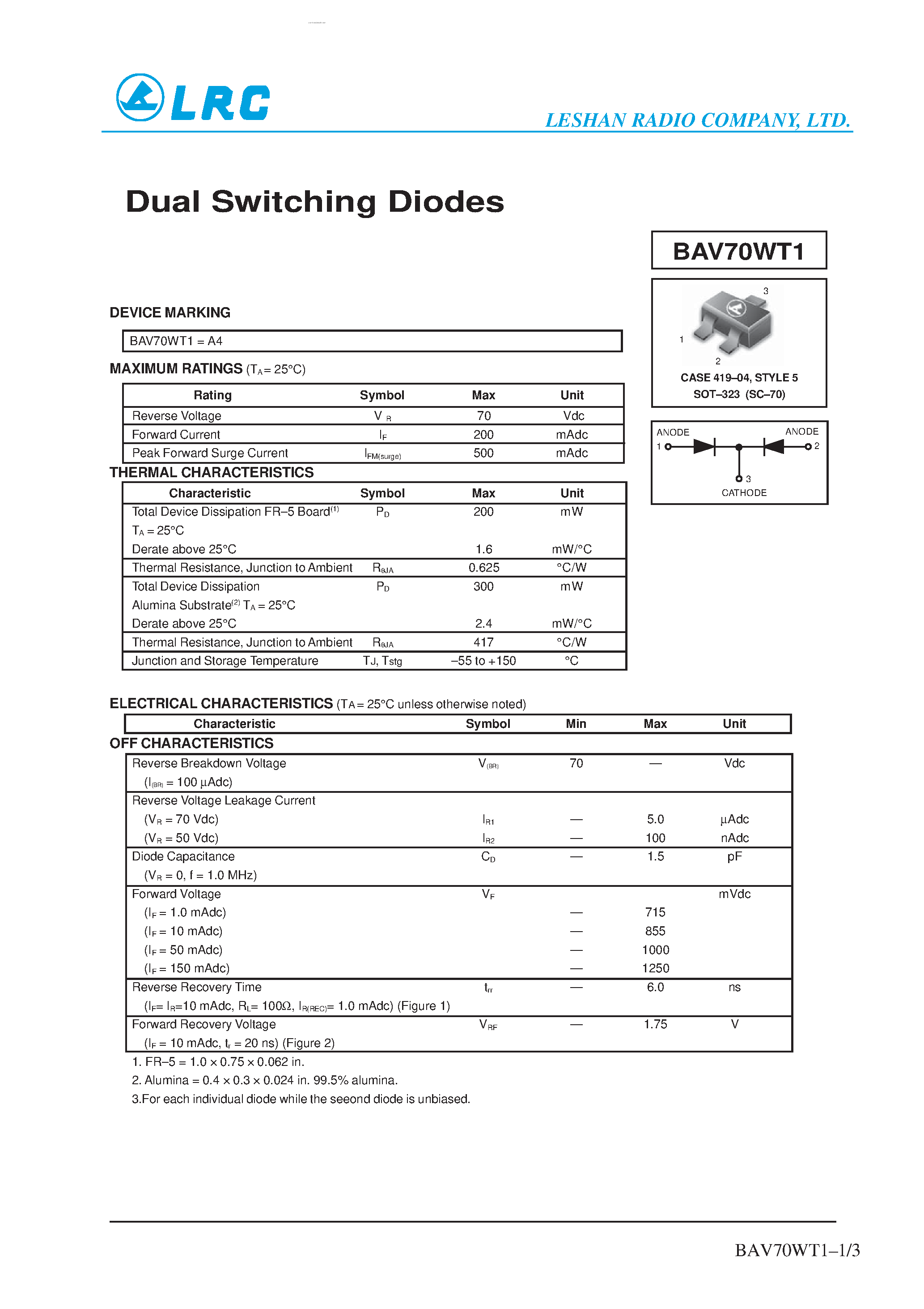 Даташит BAV70WT1 - Dual Switching Diodes страница 1
