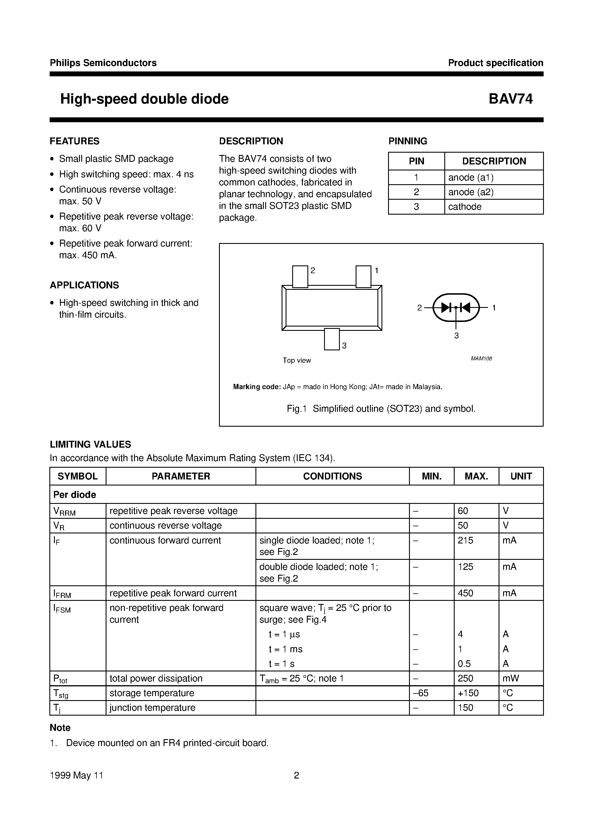 Datasheet BAV74 page 2 Datasheet BAV74 - High-speed double diode page 2