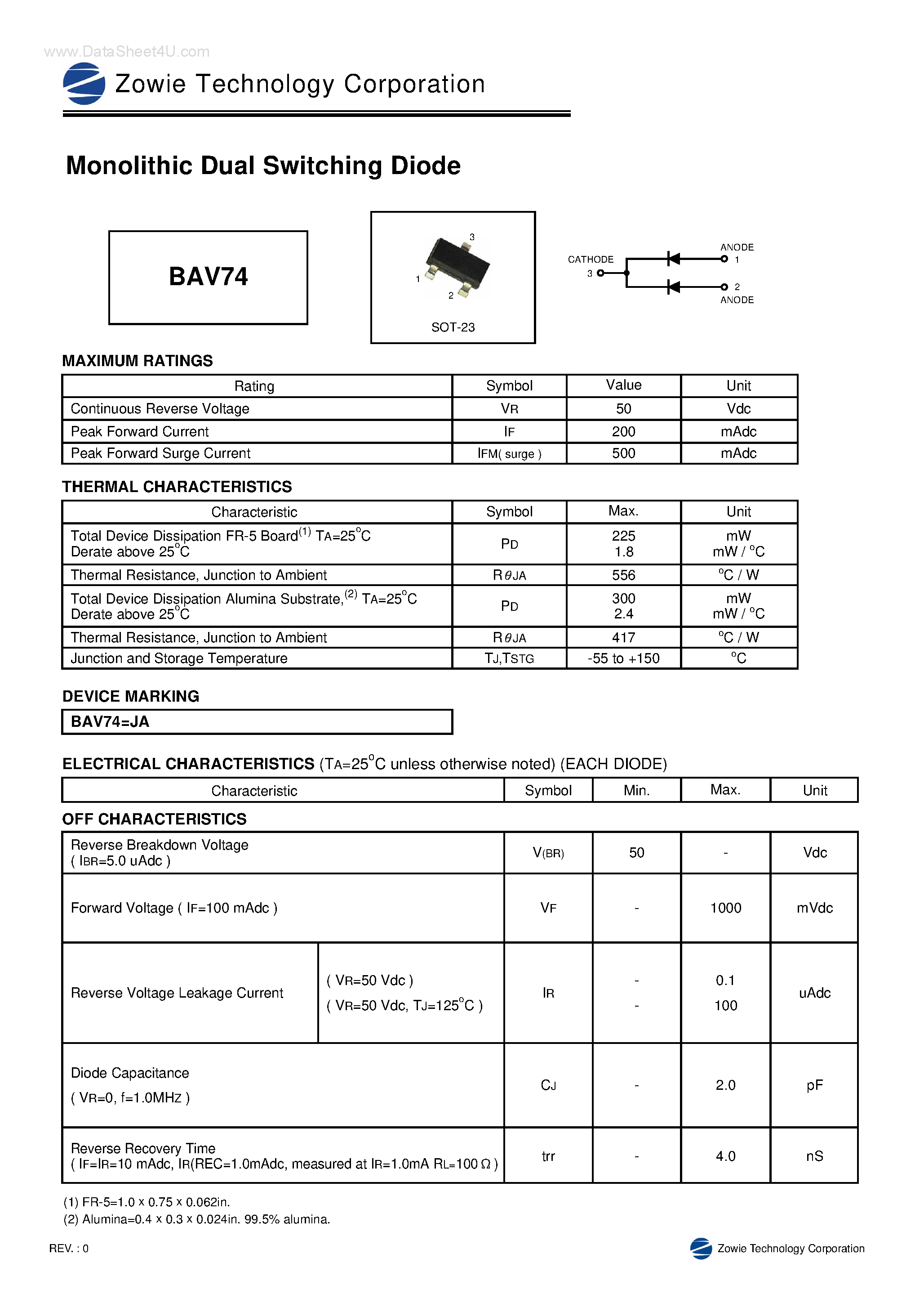 Datasheet BAV74 page 1 Datasheet BAV74 - MONOLITHIC DUAL SWITCHING DIODE page 1