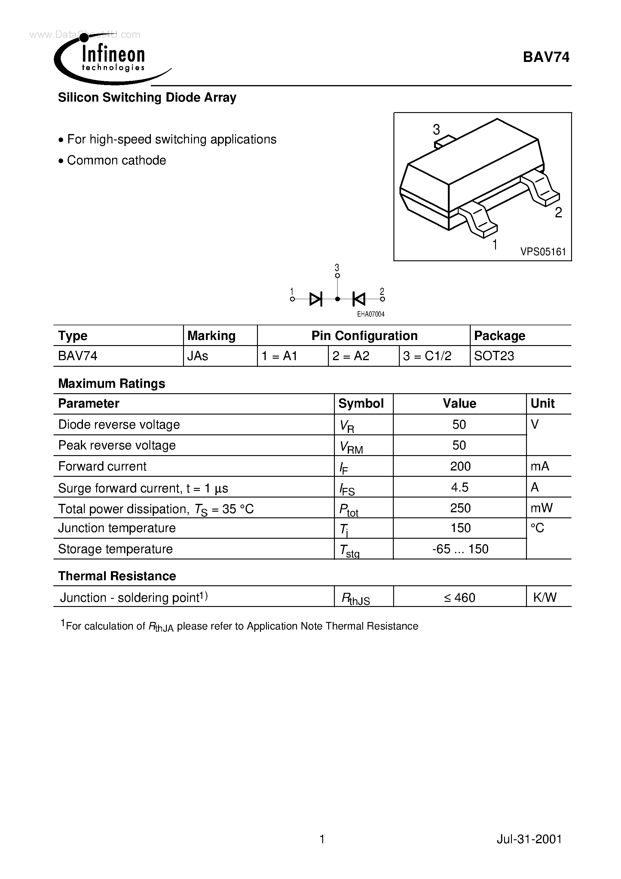 Datasheet BAV74 page 1 Datasheet BAV74 - Silicon Switching Diode Array page 1
