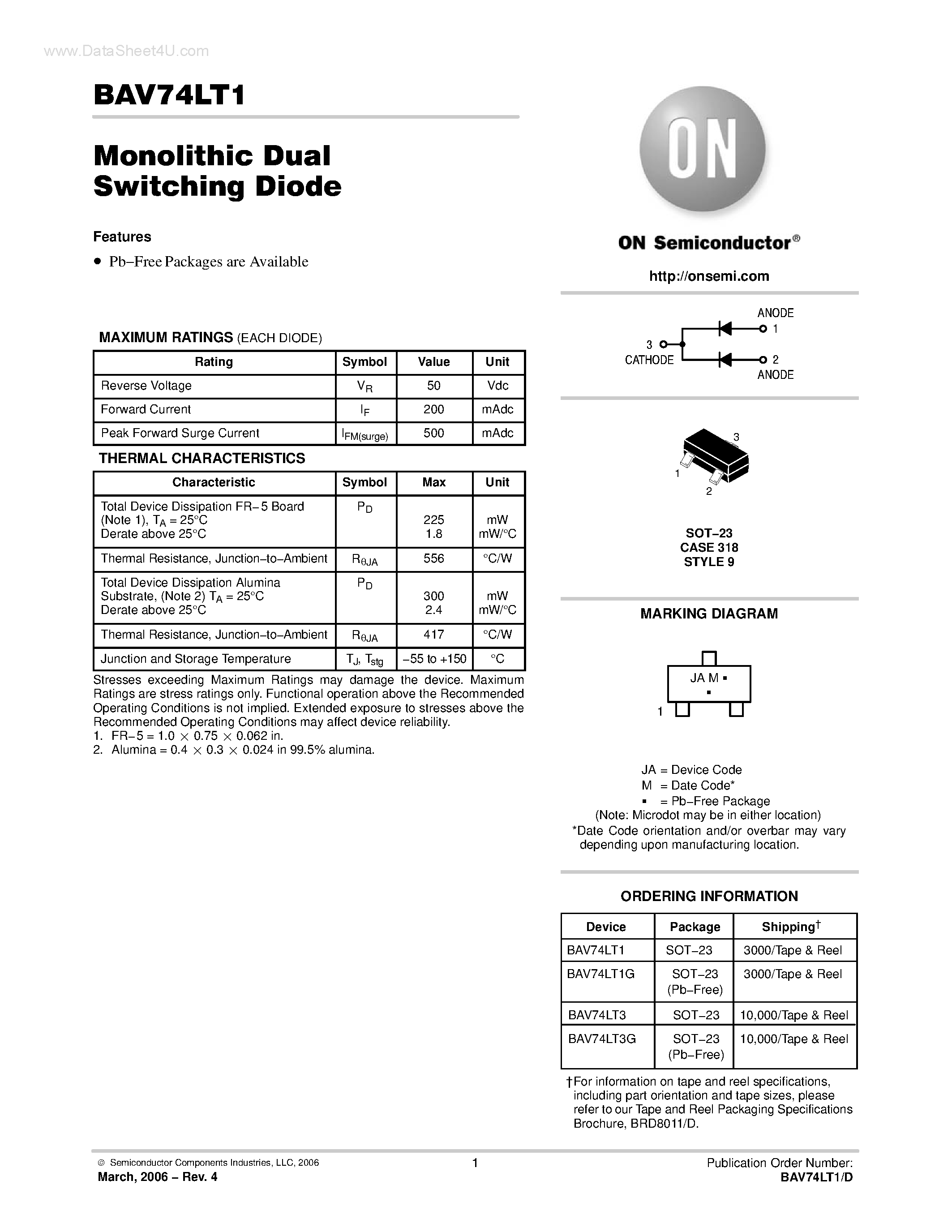 Datasheet BAV74L page 1 Datasheet BAV74L - Monolithic Dual Switching Diode page 1