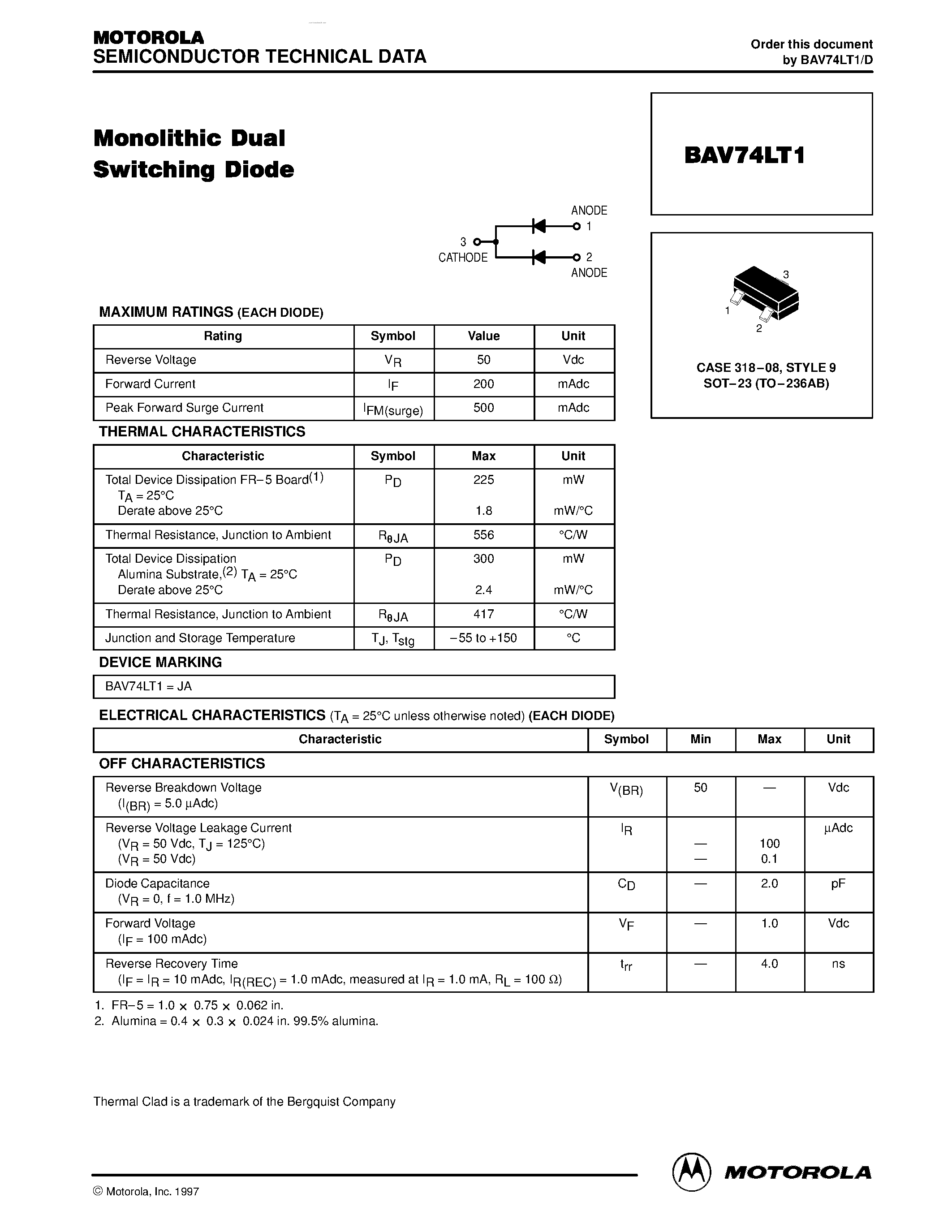 Datasheet BAV74LT1 page 1 Datasheet BAV74LT1 - Monolithic Dual Switching Diode page 1