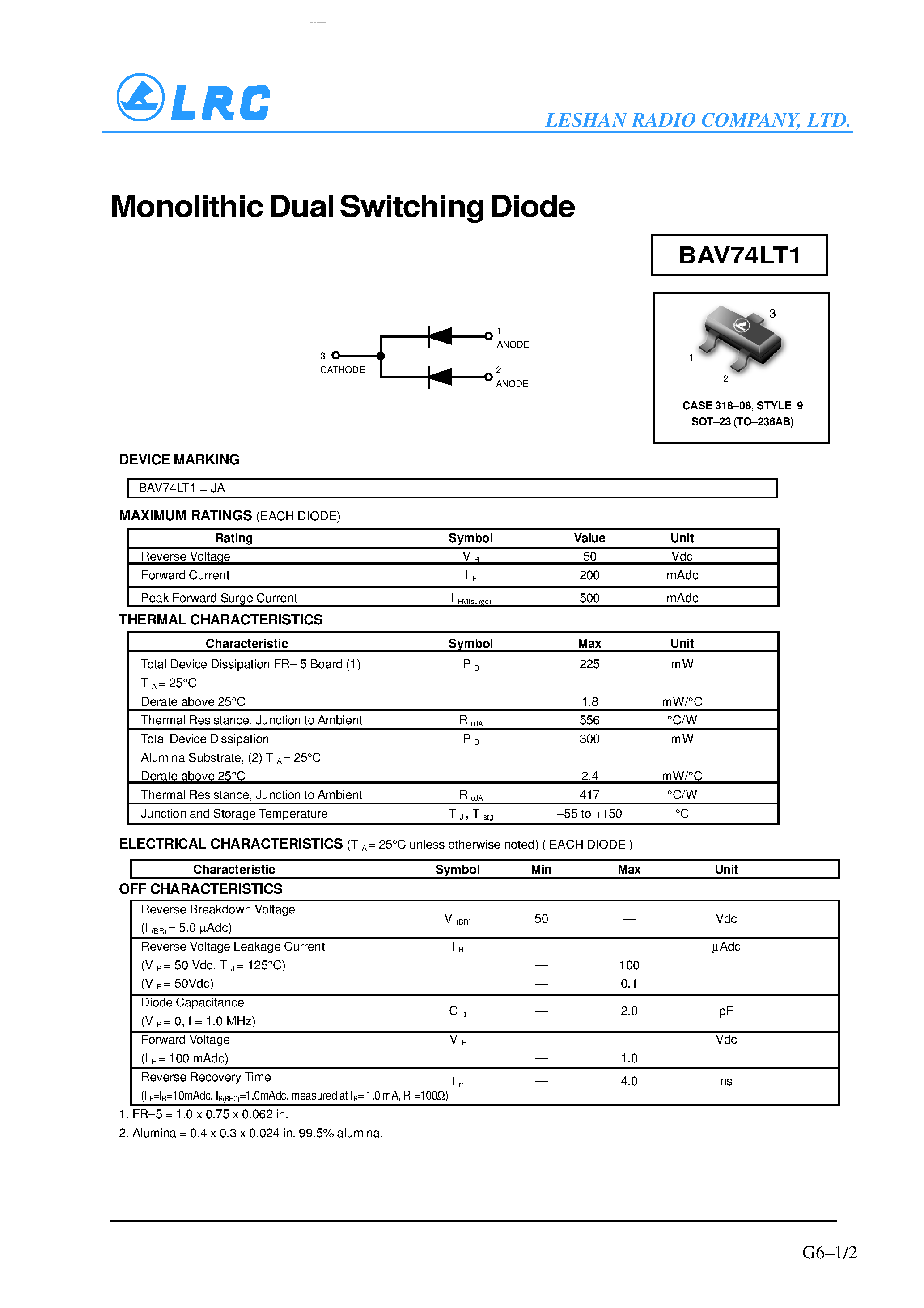 Datasheet BAV74LT1 page 1 Datasheet BAV74LT1 - Monolithic Dual Switching Diode page 1