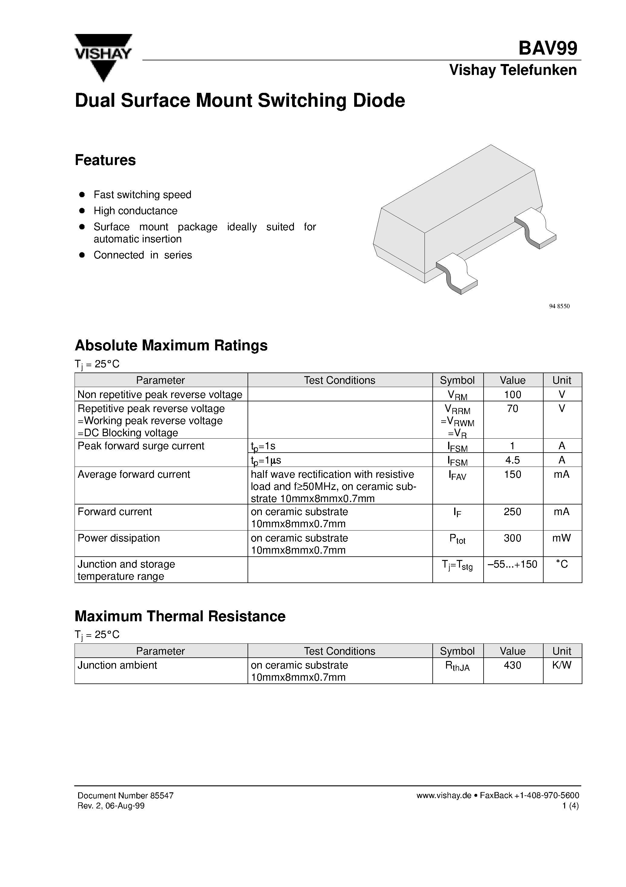 Datasheet BAV99 page 1 Datasheet BAV99 - Dual Surface Mount Switching Diode page 1