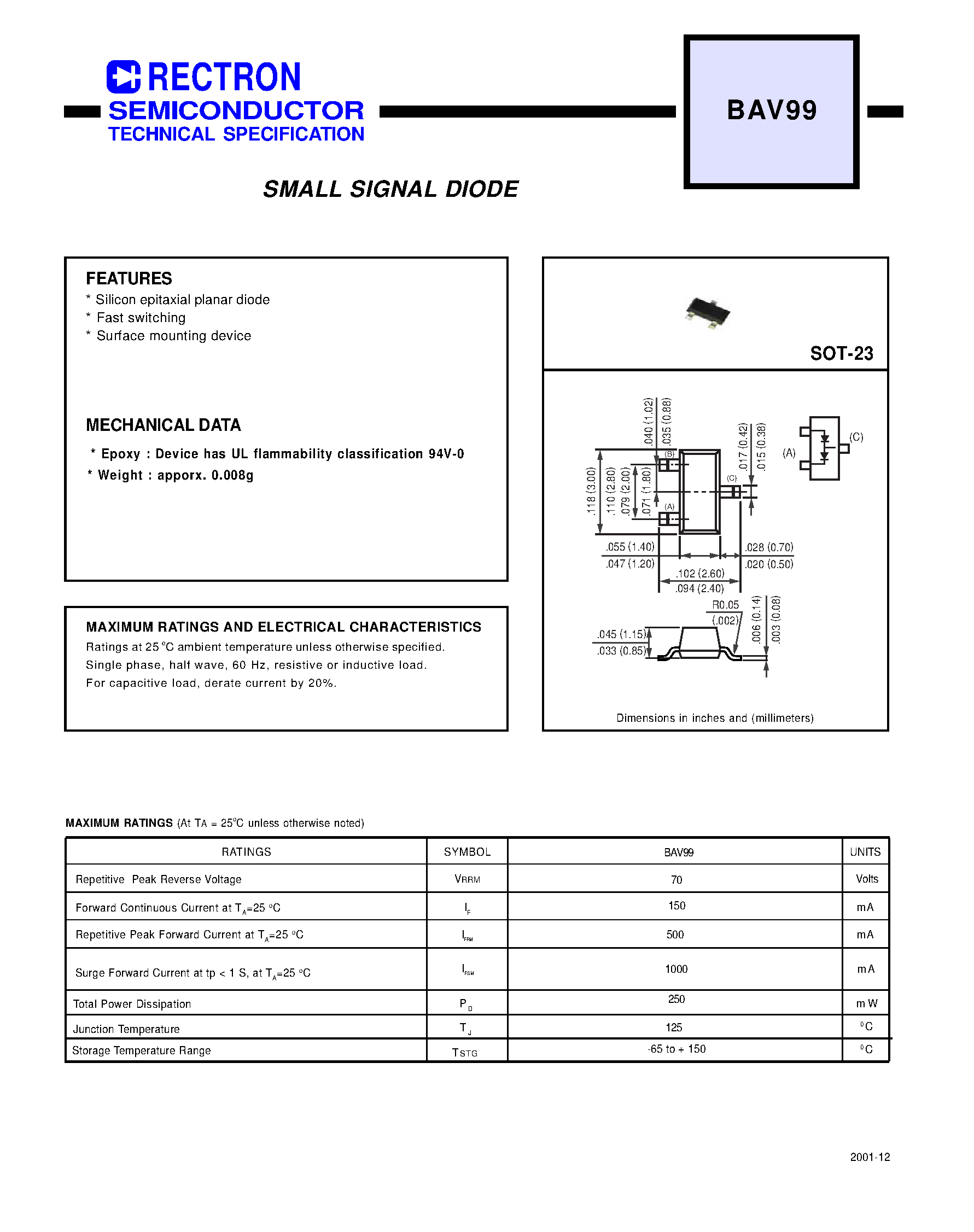 Datasheet BAV99 - SMALL SIGNAL DIODE page 1