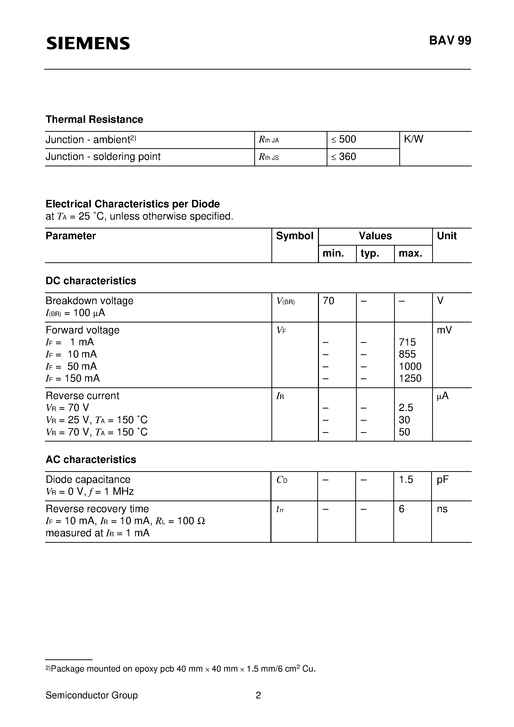 Datasheet BAV99 page 2 Datasheet BAV99 - Silicon Switching Diode Array (For high-speed switching Connected in series) page 2