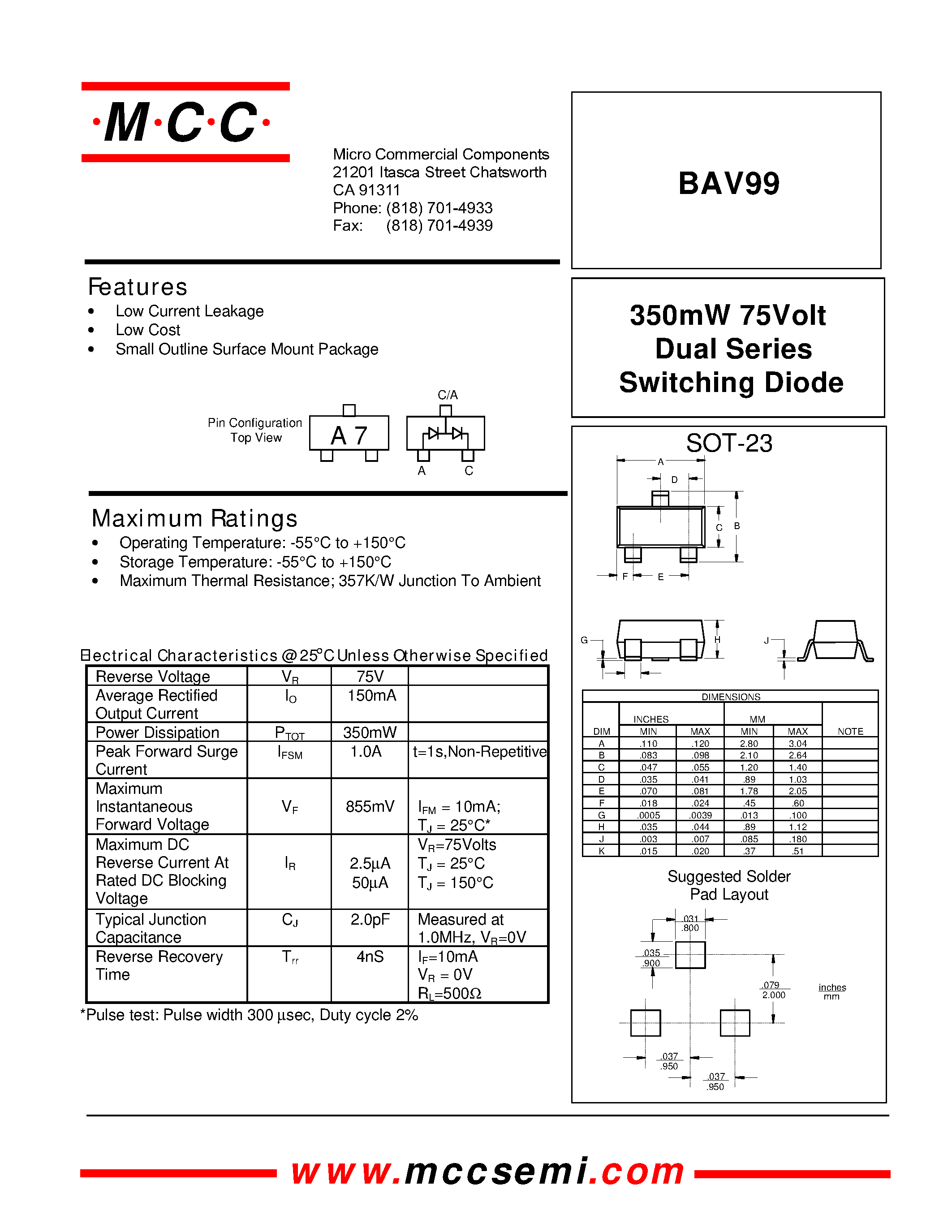 Datasheet BAV99 page 1 Datasheet BAV99 - 350mW 75Volt Dual Series Switching Diode page 1
